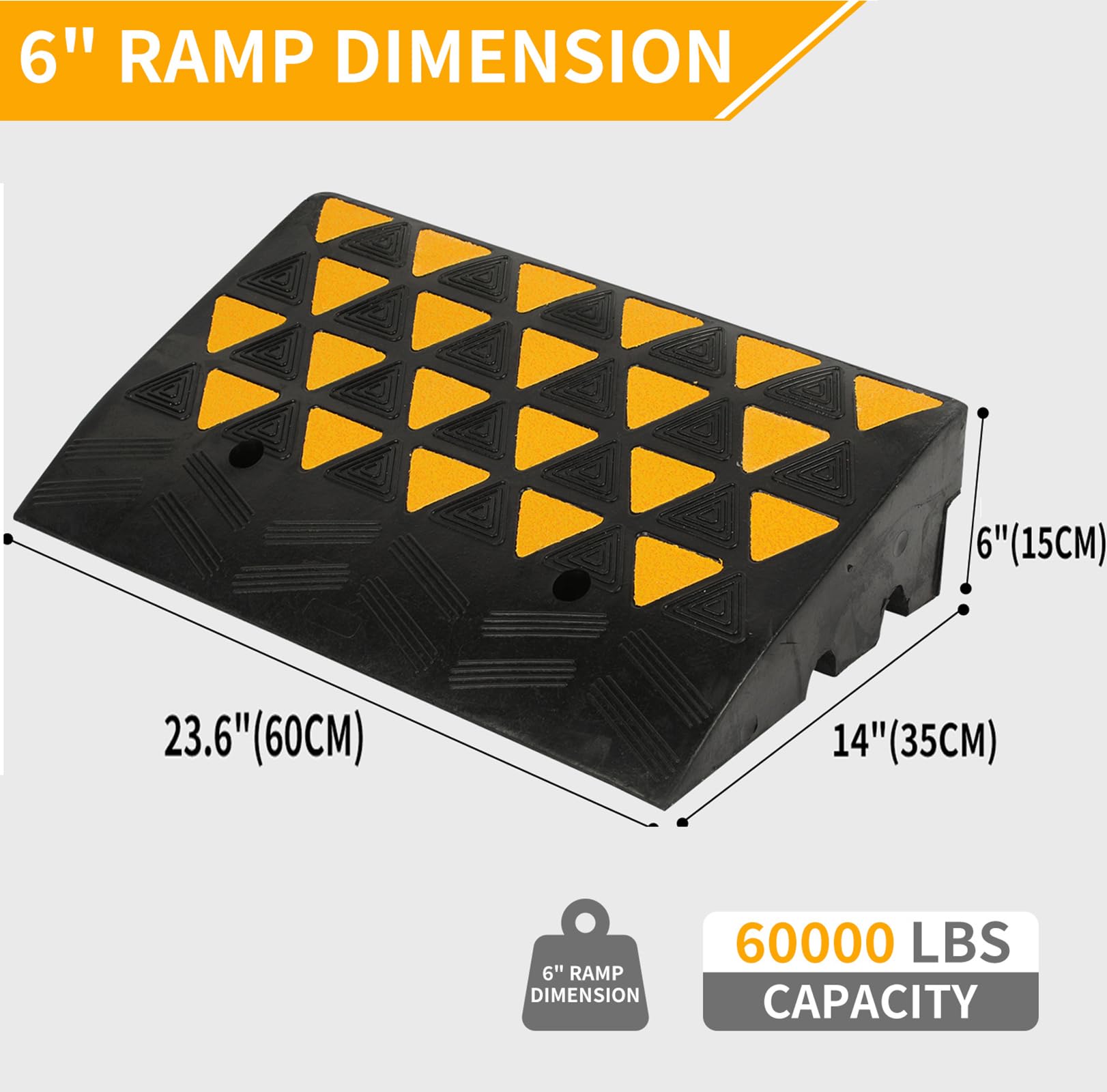 BESEA Rubber Curb Ramp - 6" High, 23.6" Length, Heavy Duty, 60000lbs Capacity, Yellow, for Driveway and Truck Loading