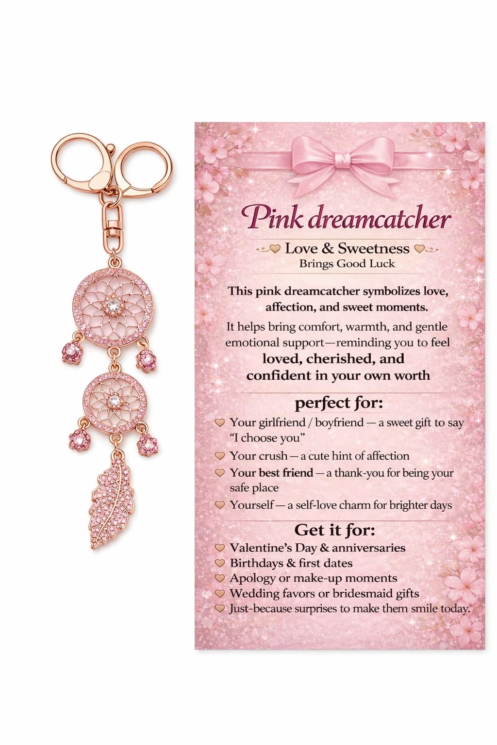 Orisylumen Women Dreamcatcher Flower Keychain Rhinestone Chain Boho Decor for Bag Charm Healing Positive Energy Gift for Her, pi