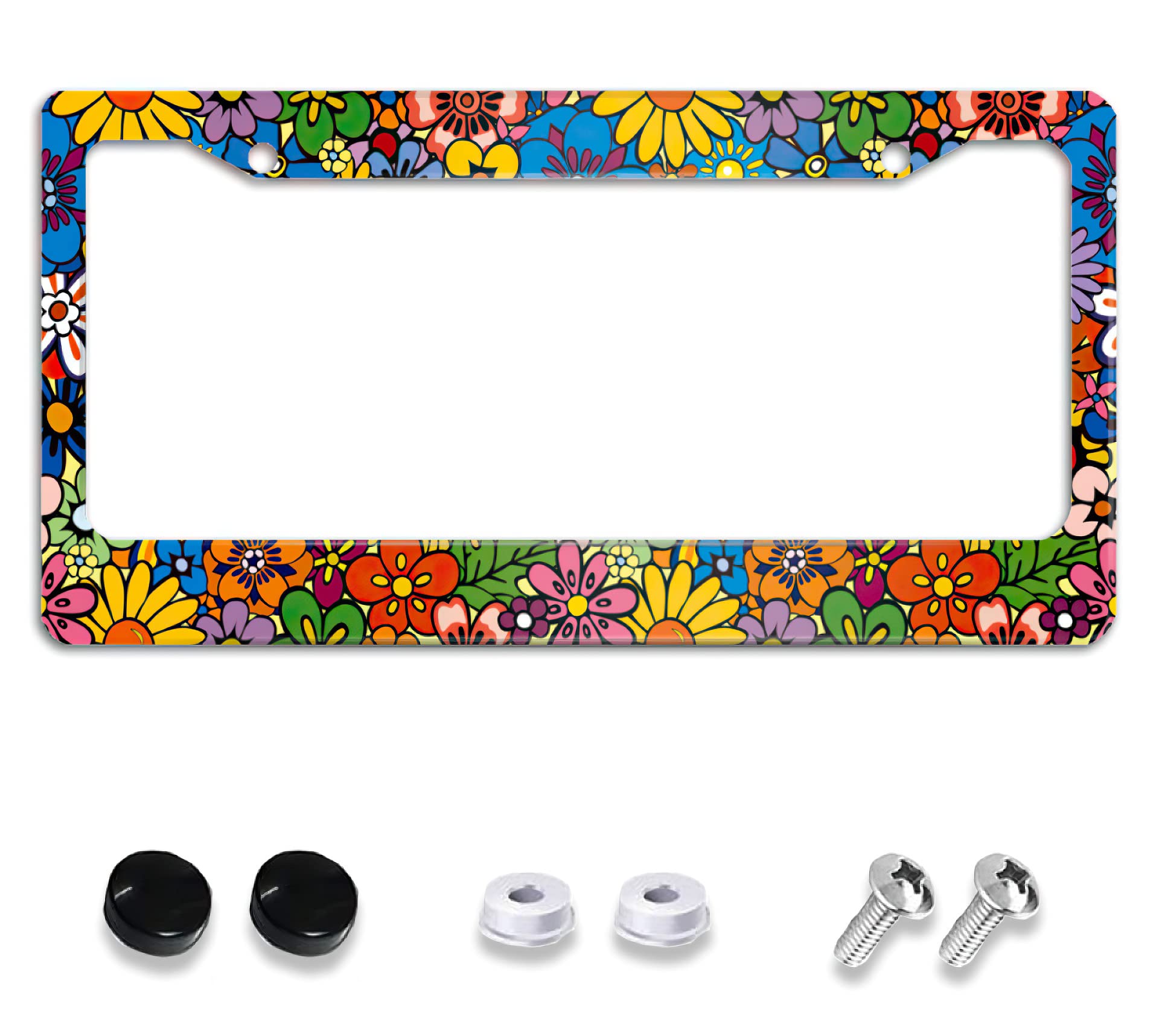 Meikosks Abstract Hippie Flowers License Plate Frame, Cute Floral Metal Aluminum Car Cover Tag Holder Frames,2 Holes with Screw 