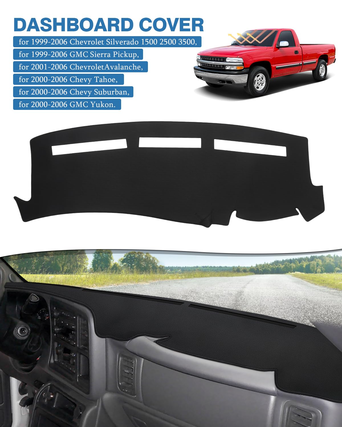 FIILINES Dash Cover for 1999-2006 GMC Sierra/Silverado & Yukon XL, Breathable Mesh Mat, Black, Model FII00025