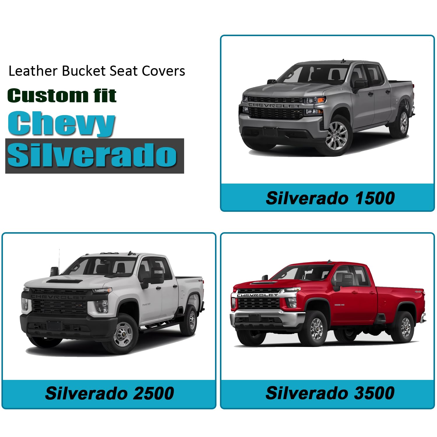 Giant Panda Front Car Seat Cover Customized Fit Chevy Silverado 1500 2500 3500 Trucks Seat Protectors (Blue+Black) 2-Pack