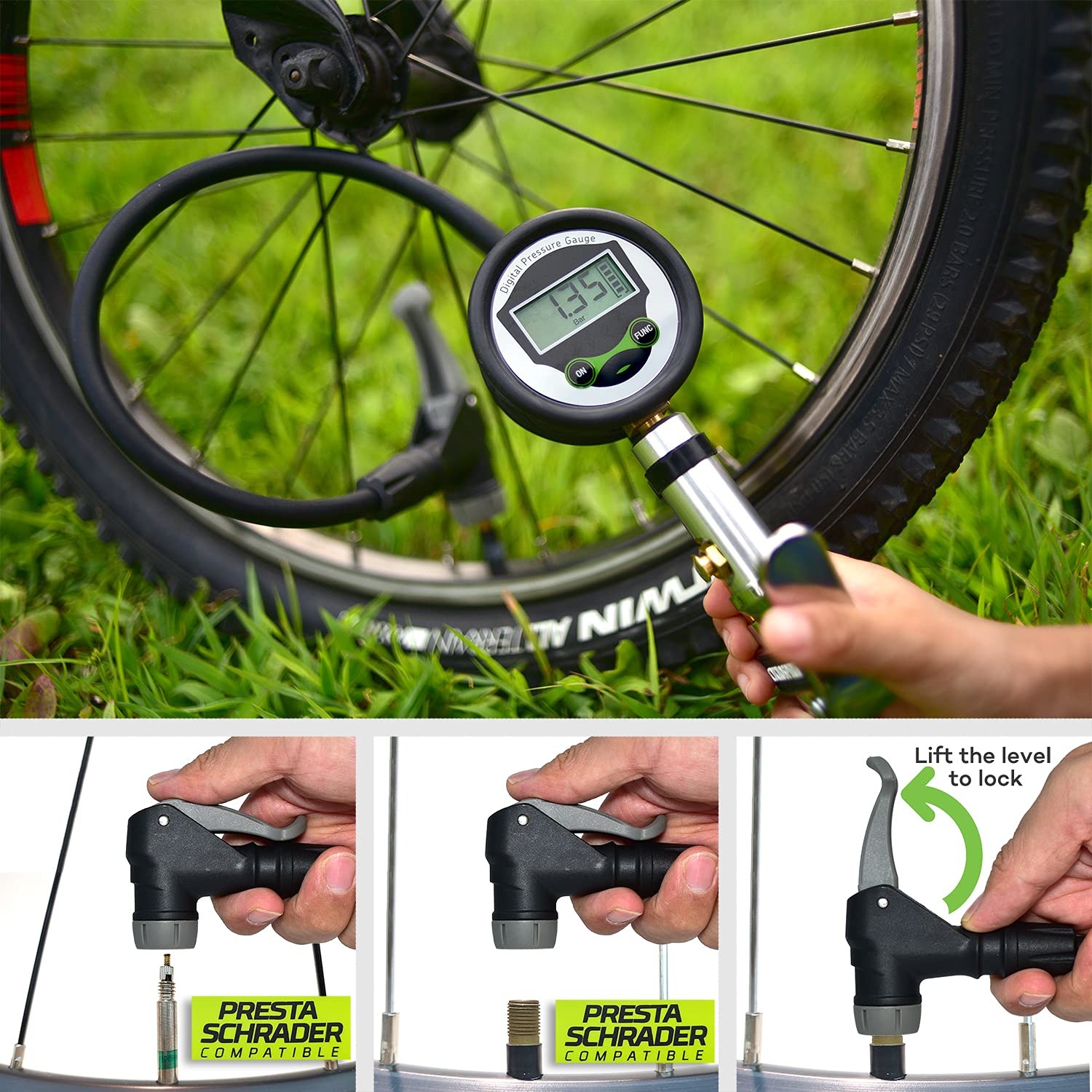 CycloSpirit Digital Bicycle Tire Inflator Gauge - Presta & Schrader, Aluminum, Black, Model TIG2v2