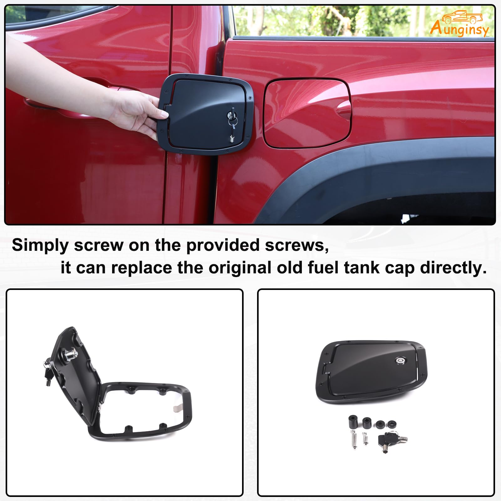 Aunginsy Fuel Tank Cap Replacement for Toyota Tacoma 2016-2023, Black Aluminum Anti-Theft Lock Trim Cover Accessories