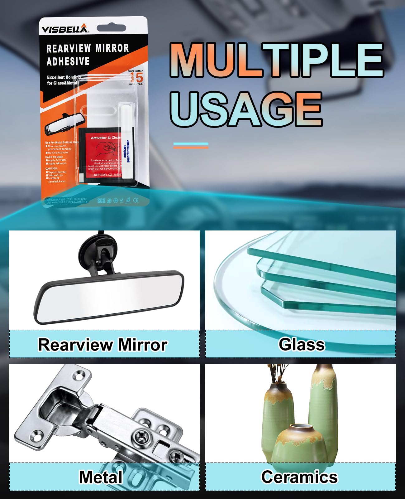 Visbella Rearview Mirror Adhesive Repair Kit - Clear Epoxy Resin Glue for Windshield & Glass - Excellent Bonding