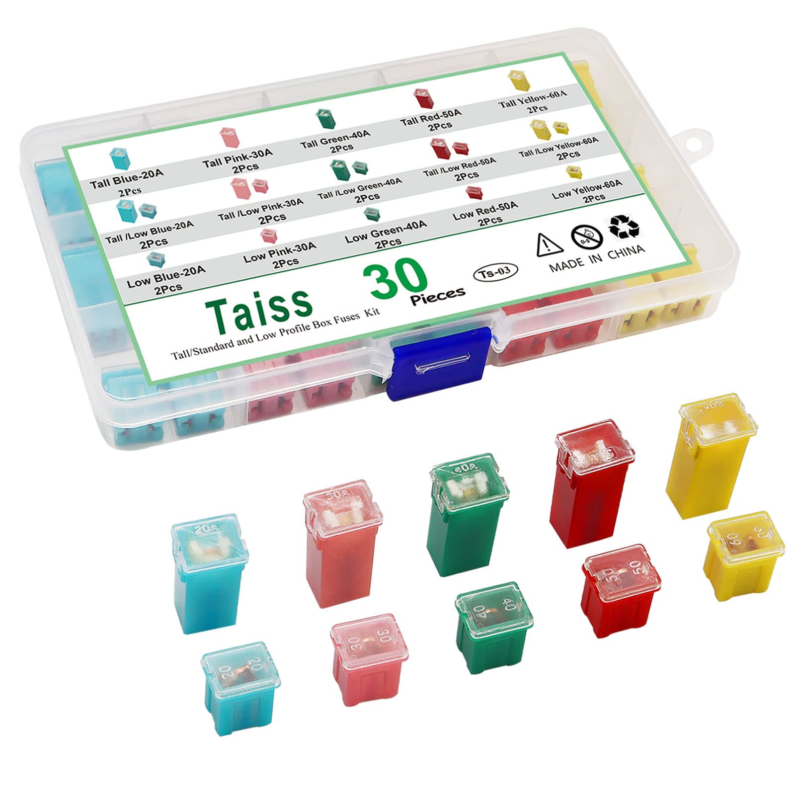Taiss Automotive Tall/Standard and Low Profile Box Shaped Fuses Assortment Kit, Car Fuses Assortment Kit 30PCS; Suitable for Che