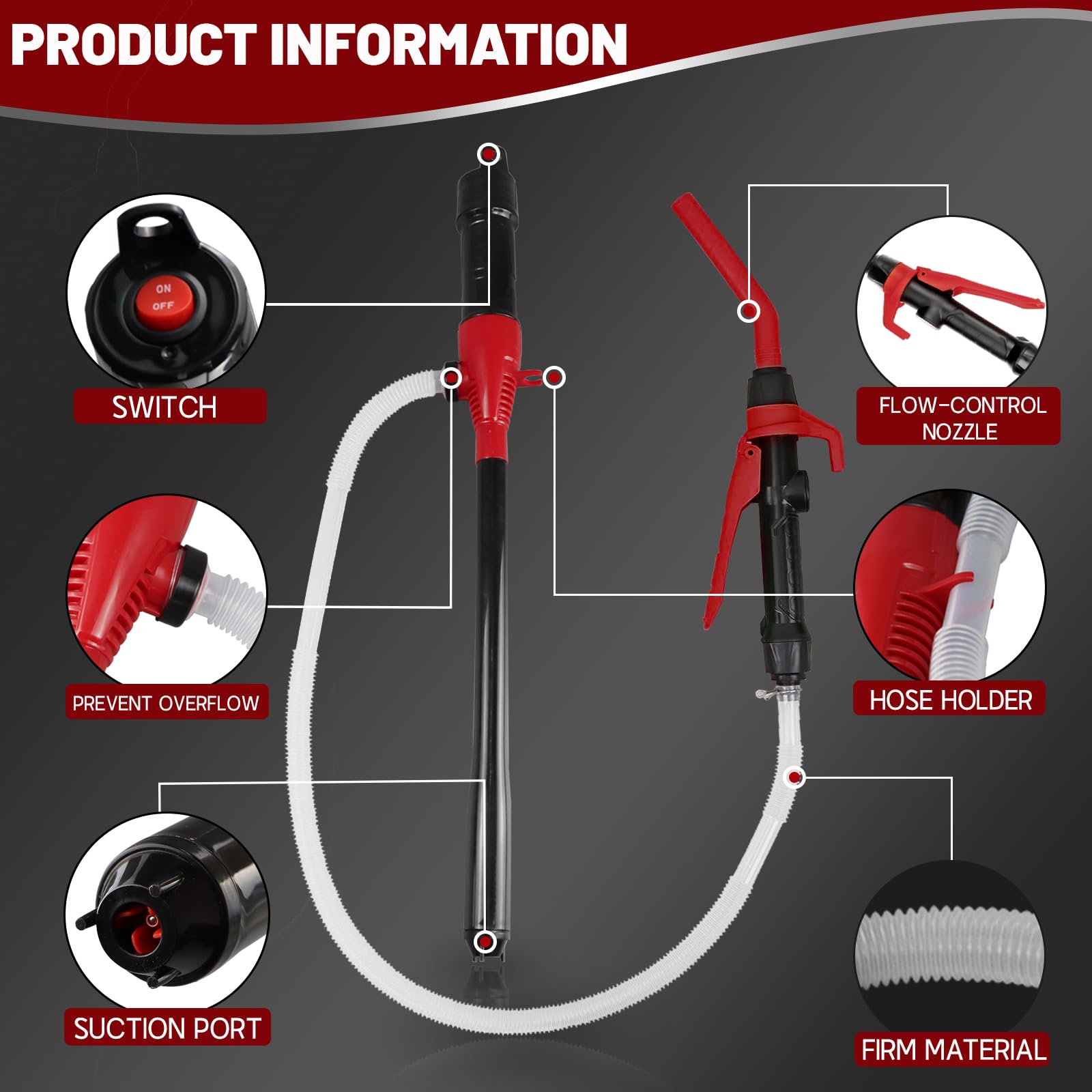 FUELIO Battery Powered Gas Transfer Pump - 2.2 GPM, 3 FT Hose, Red, Aluminum, Model FLPP-XH02-RD2