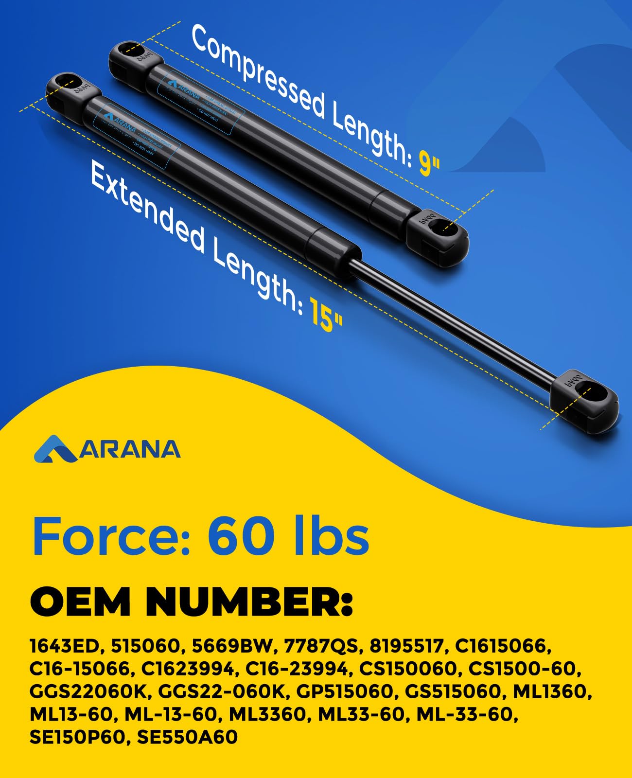 Arana Gas Struts 15 Inch 60 Lbs, Ml13-60 Gas Lift Struts, Gsni-5150-60 Strut 15 Inch Piston For Leer Topper Camper Shell Truck C