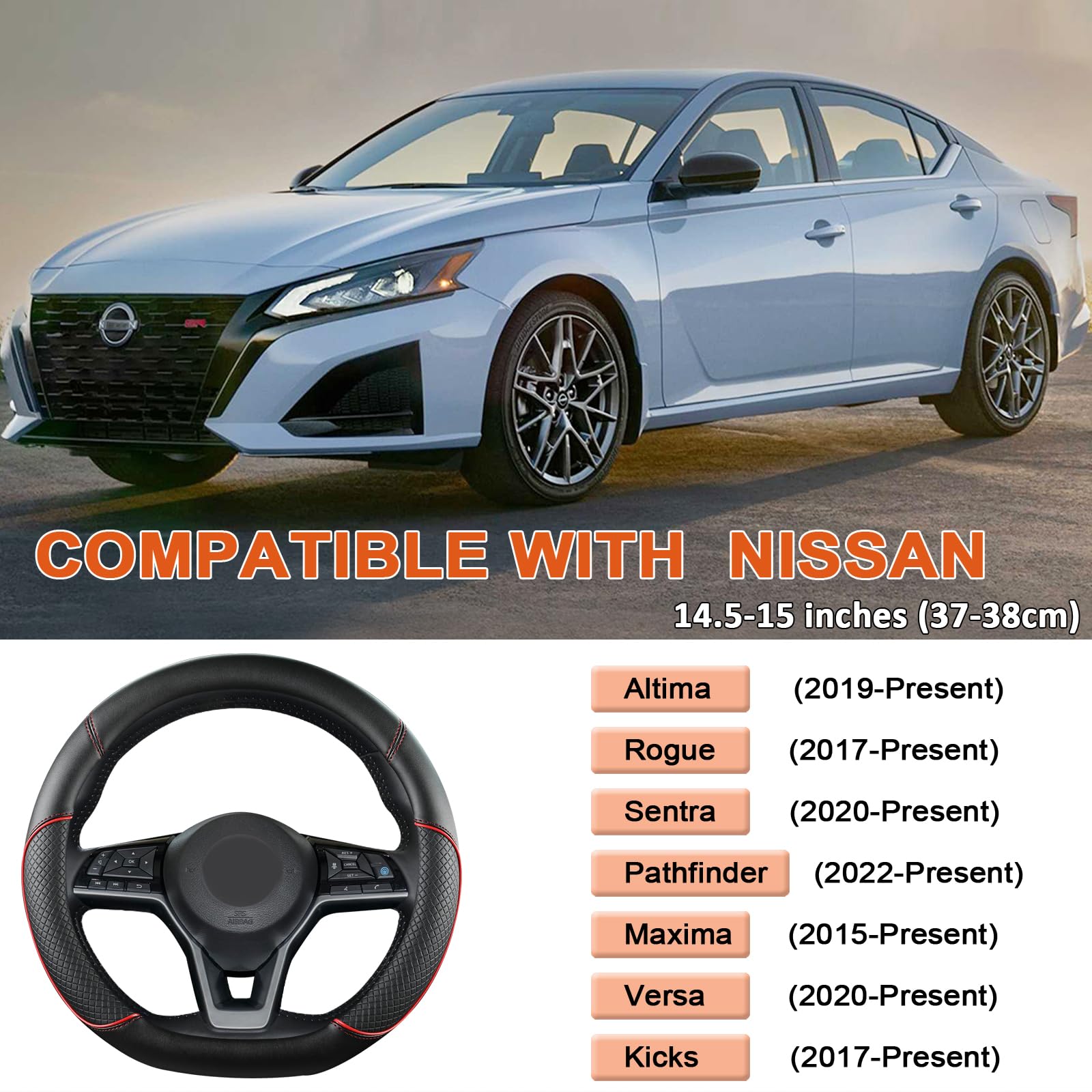 GIANT PANDA D-Shaped Leather Steering Wheel Cover for Nissan Rogue, Kicks, Altima, Sentra - Black with Red Line, Model SWNBD01
