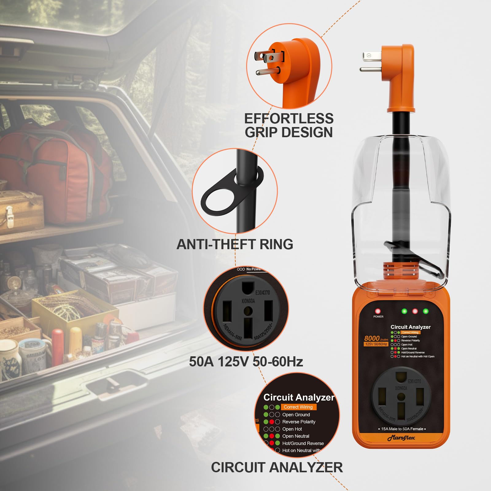 Marsflex RV Surge Protector 15A to 50A, 8000 Joules, Waterproof Cover, Orange, Model RVPA01009