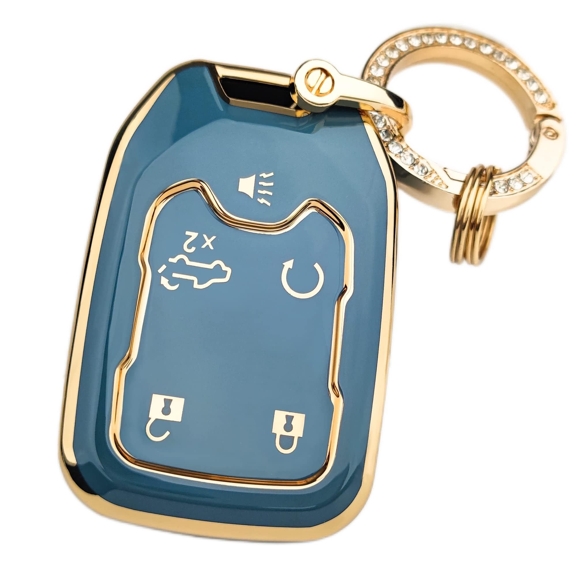 Ollen 5-Button Tpu Key Fob Cover, Fit For Gmc Acadia 2017-2025, For Terrain 2018-2025, For Sierra 2019-2025, For Chevy Silverado 2019-2022, Full Protection Soft Tpu Key Case, With Bling Ring, Blue