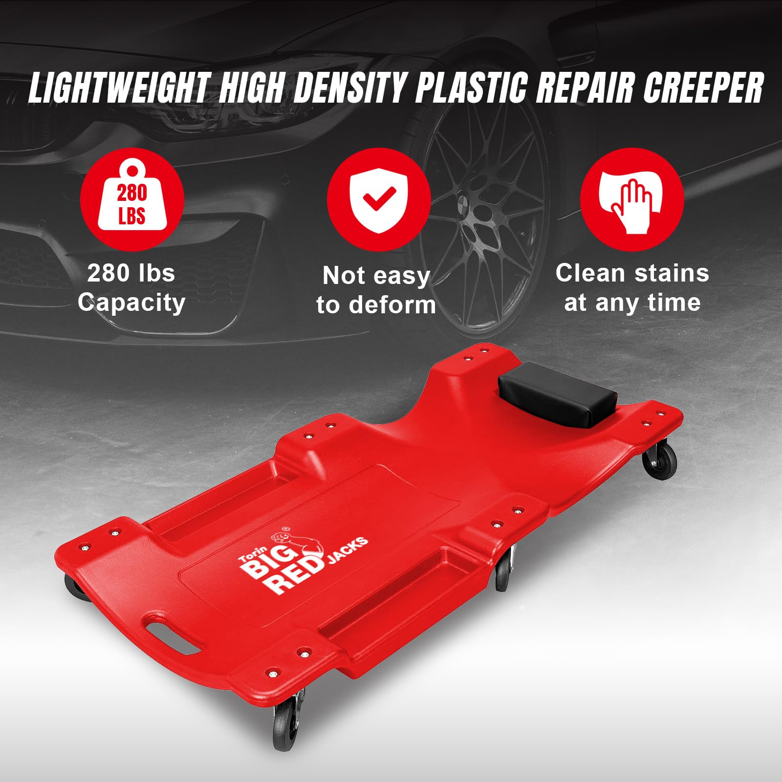 Big Red Torin Blow Molded Plastic Rolling Garage/Shop Creeper: 40'' Mechanic Cart With Padded Headrest, Dual Tool Trays And 6 Ca