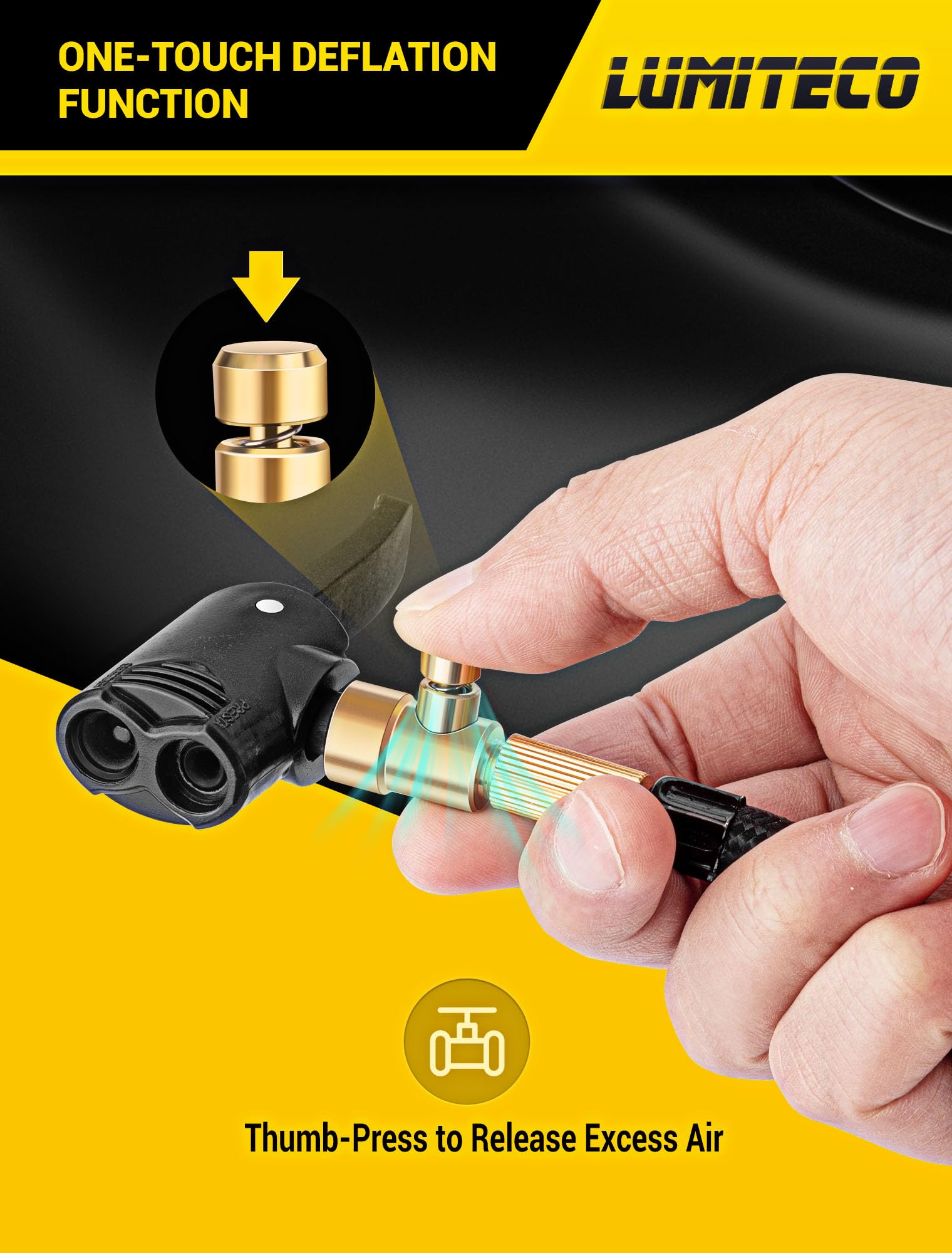 LUMITECO Dual Head Air Chuck for Bike Tires, Presta & Schrader Valve Adapter, Compact Design, Model 649226714553