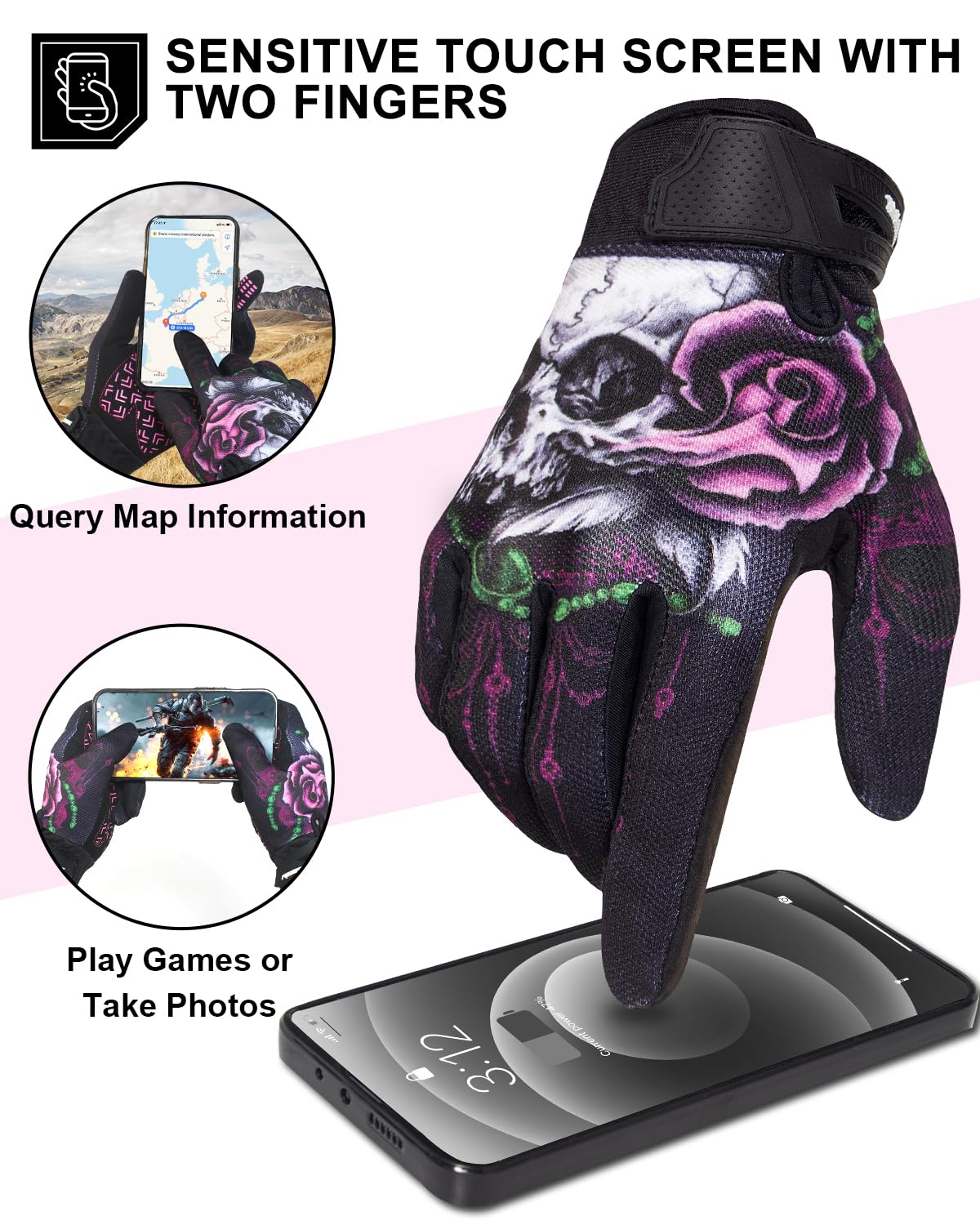 RIGWARL Women's Motorcycle Gloves - Touchscreen, Breathable, Non-Slip, X-Large, Pink Skull