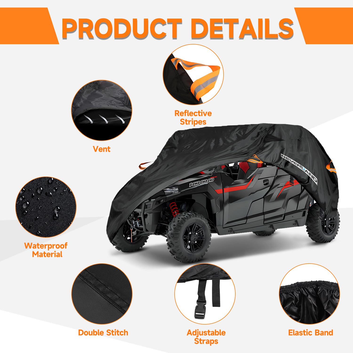 NEVERLAND UTV Cover Heavy Waterproof Oxford Cloth for Polaris RZR, Can-Am, Kawasaki, 4-6 Passenger, Up to 157"L, Black, Model A302-05-B-