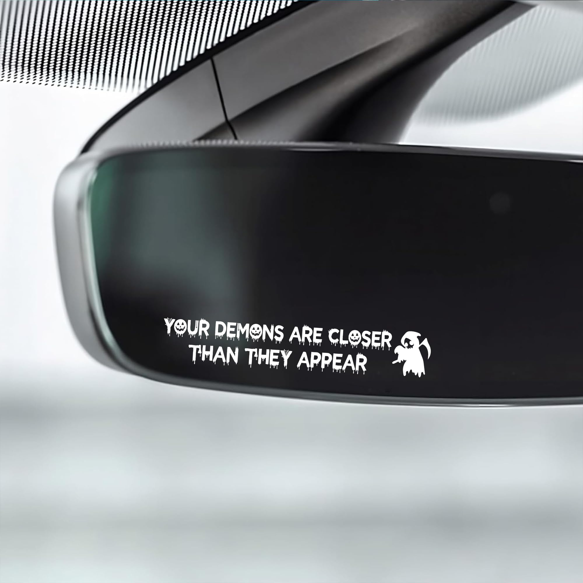 Your Demons White Halloween Vanity Mirror Decals - 2 Pcs Funny Stickers, Rear View Mirror Decorations, Goth Car Accessories