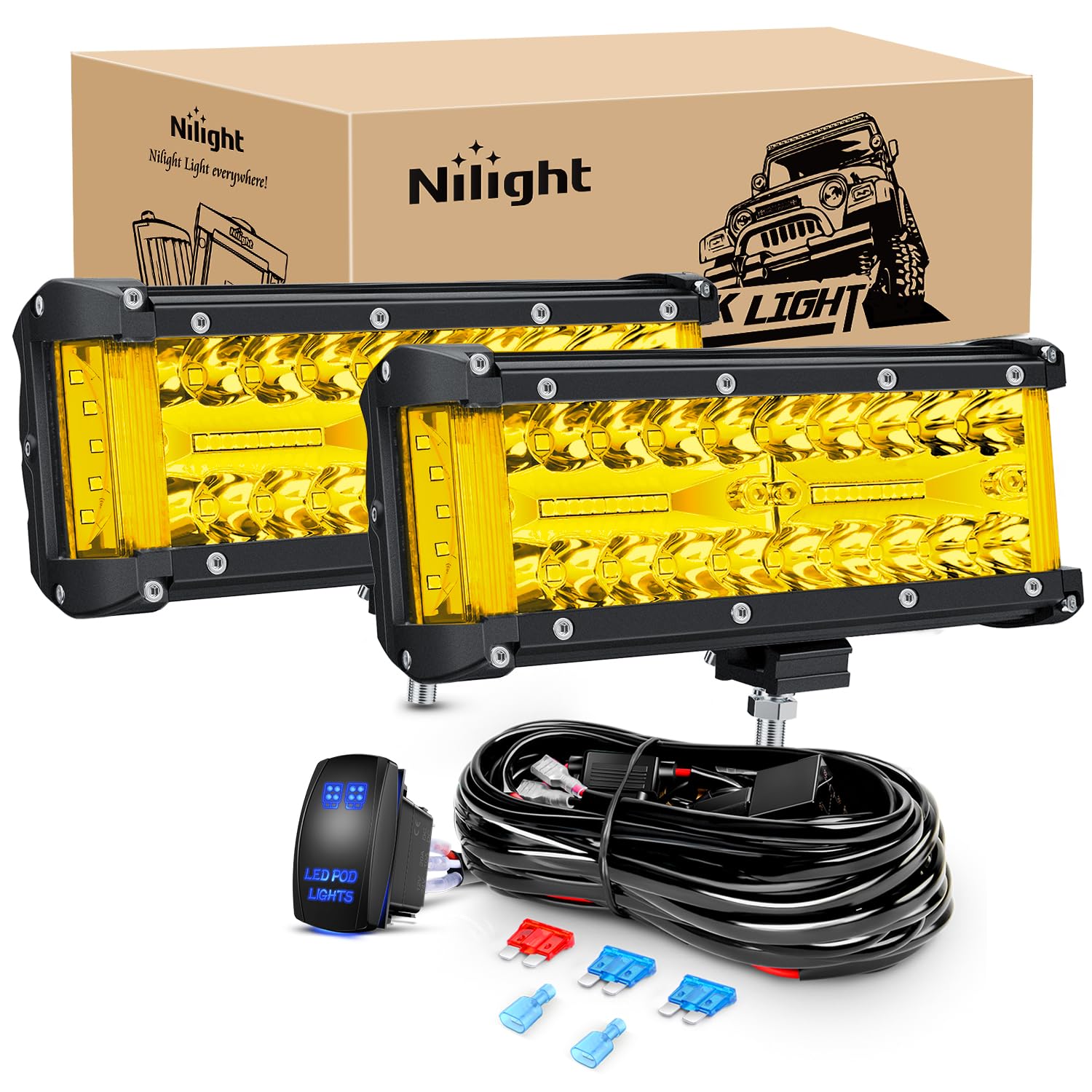 Nilight Side Shooter Led Light Bar 2Pcs 7 Inch Triple Row Spot Flood Combo Yellow Beam Pods With 5Pin Rocker Switch Wiring Harne