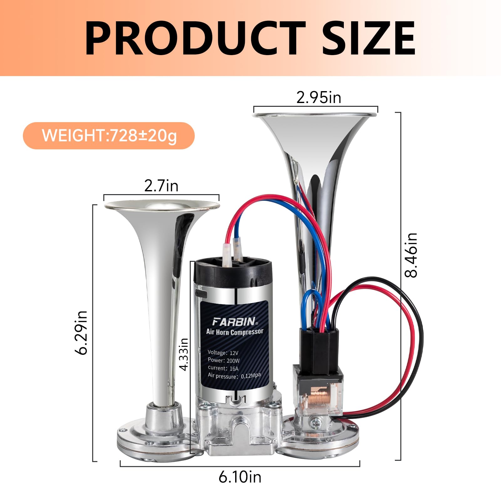 FARBIN 12V Air Horn for Trucks - Dual-Trumpet Chrome with Compressor, Zinc Copper Aluminum, Loud Train Horn