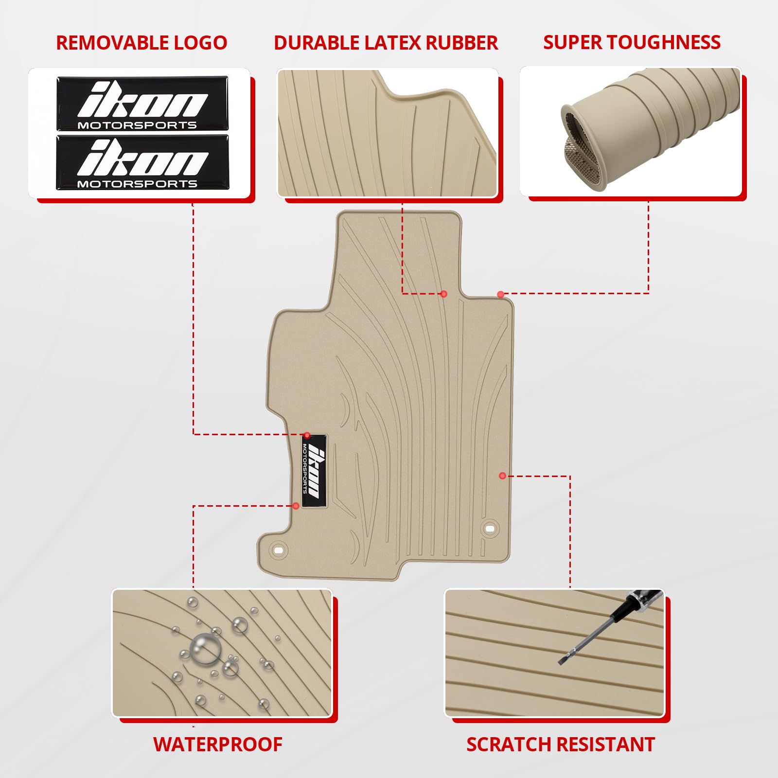 Ikon Motorsports, Floor Mats Compatible With 2013-2017 Honda Accord Sedan 4-Door, Beige Latex Rubber Heavy Duty All Weather Seas