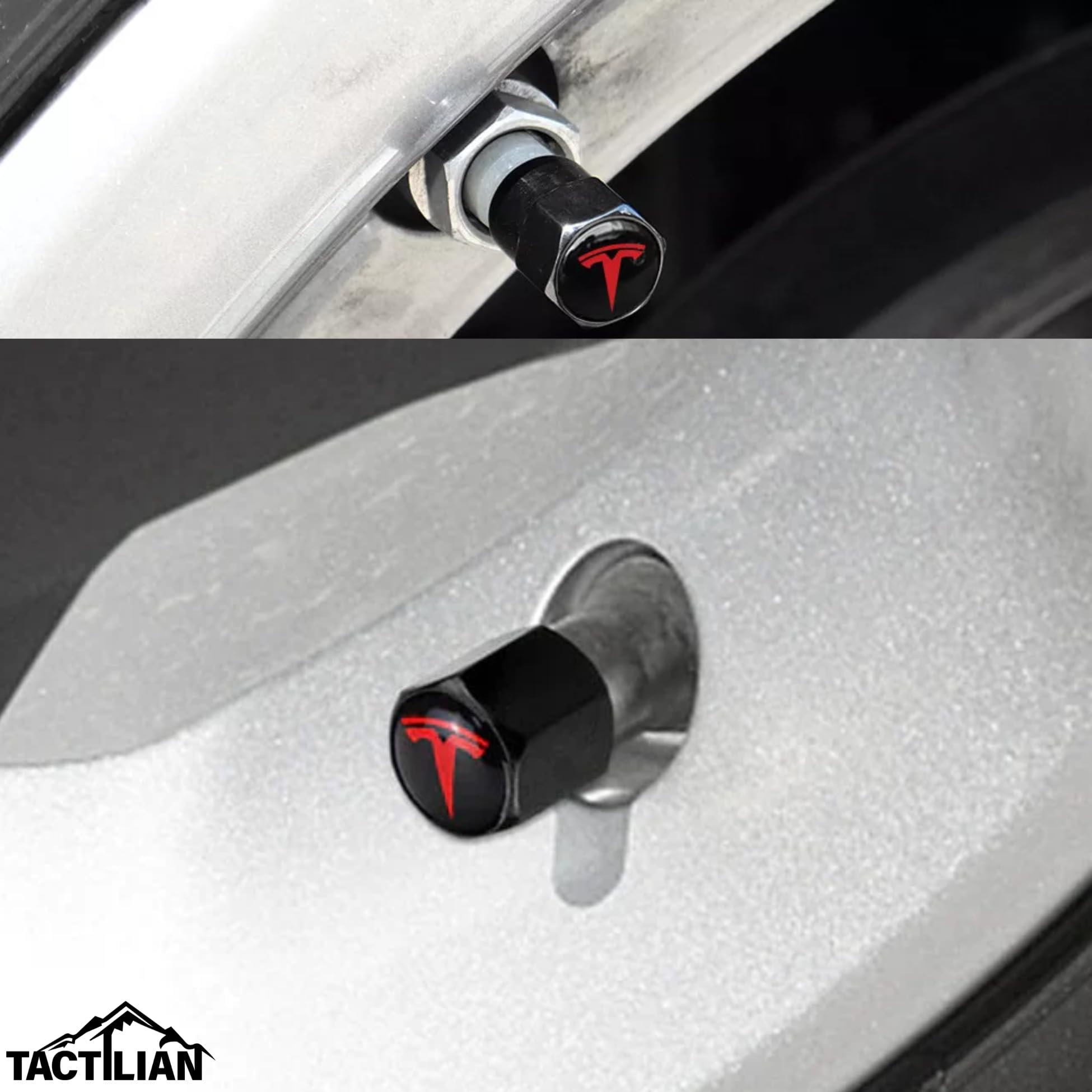 Tactilian Tire Valve Stem Caps 4 Pack | Leakproof Aluminum | Tesla Red | Compatible with Model 3, S, X, Y