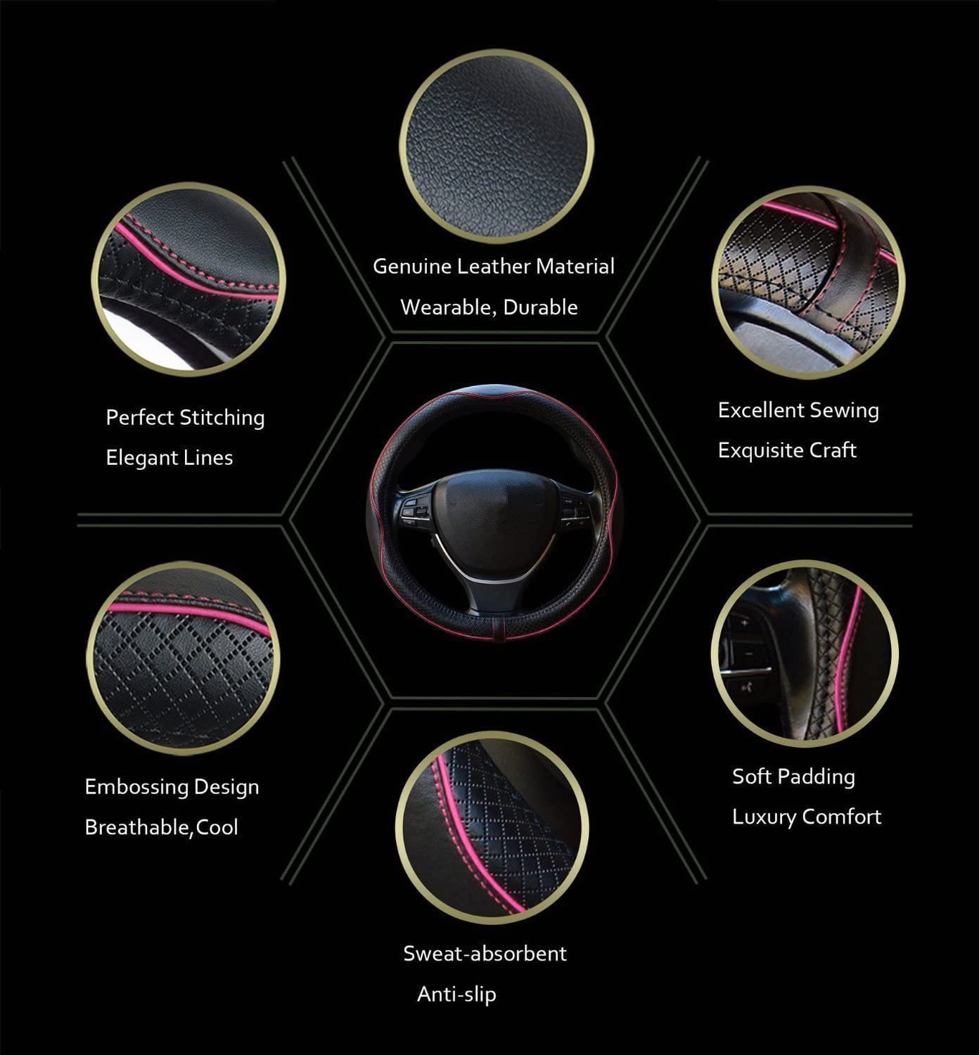 Rsept Car Steering Wheel Cover, Heavy Duty Leather, Anti-Slip, Sports Style, Black with Pink Line, Model 131