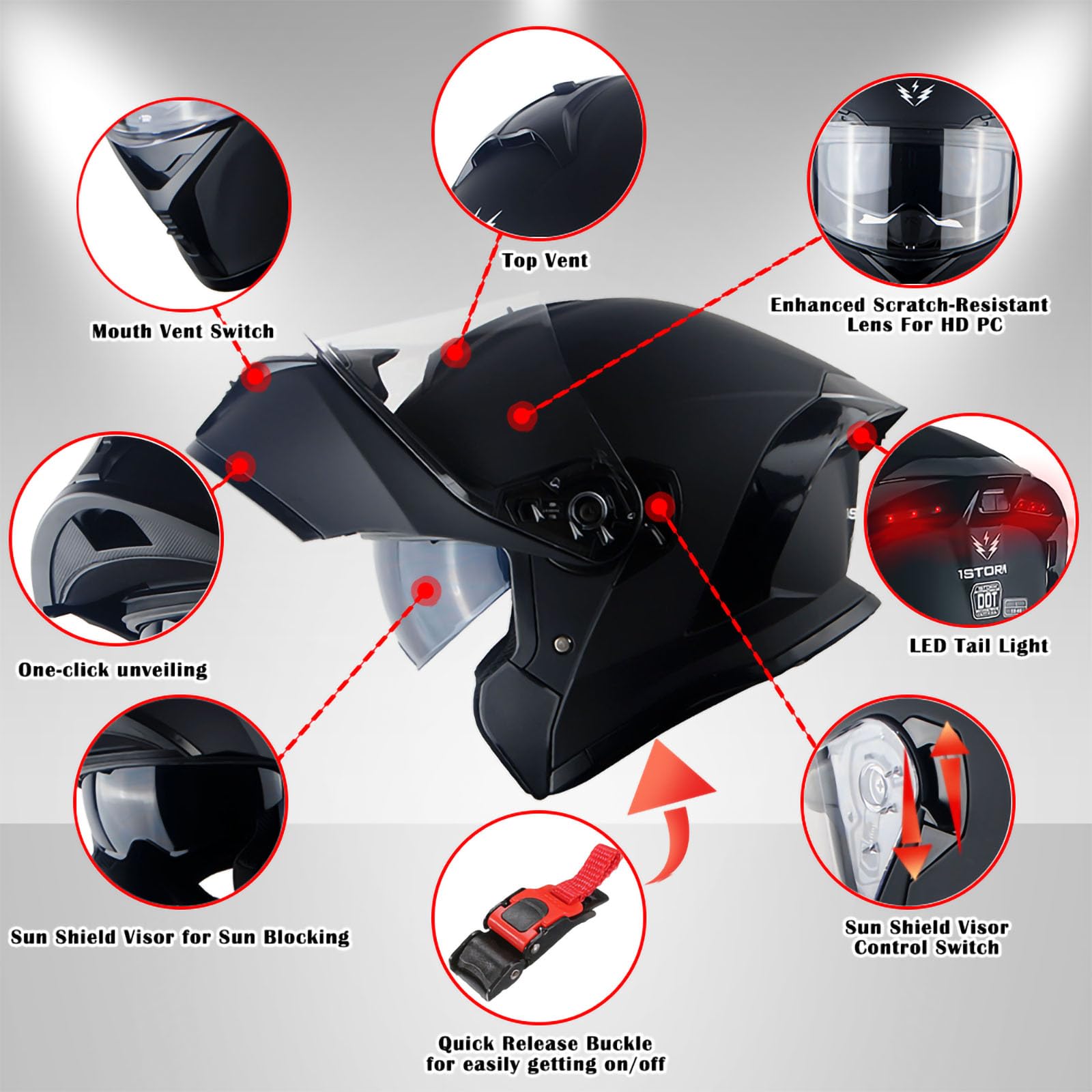 1Storm Motorcycle Modular Full Face Helmet, Large, Matte Black, Thermoplastic, Dual Visor, Rechargeable LED Tail Light