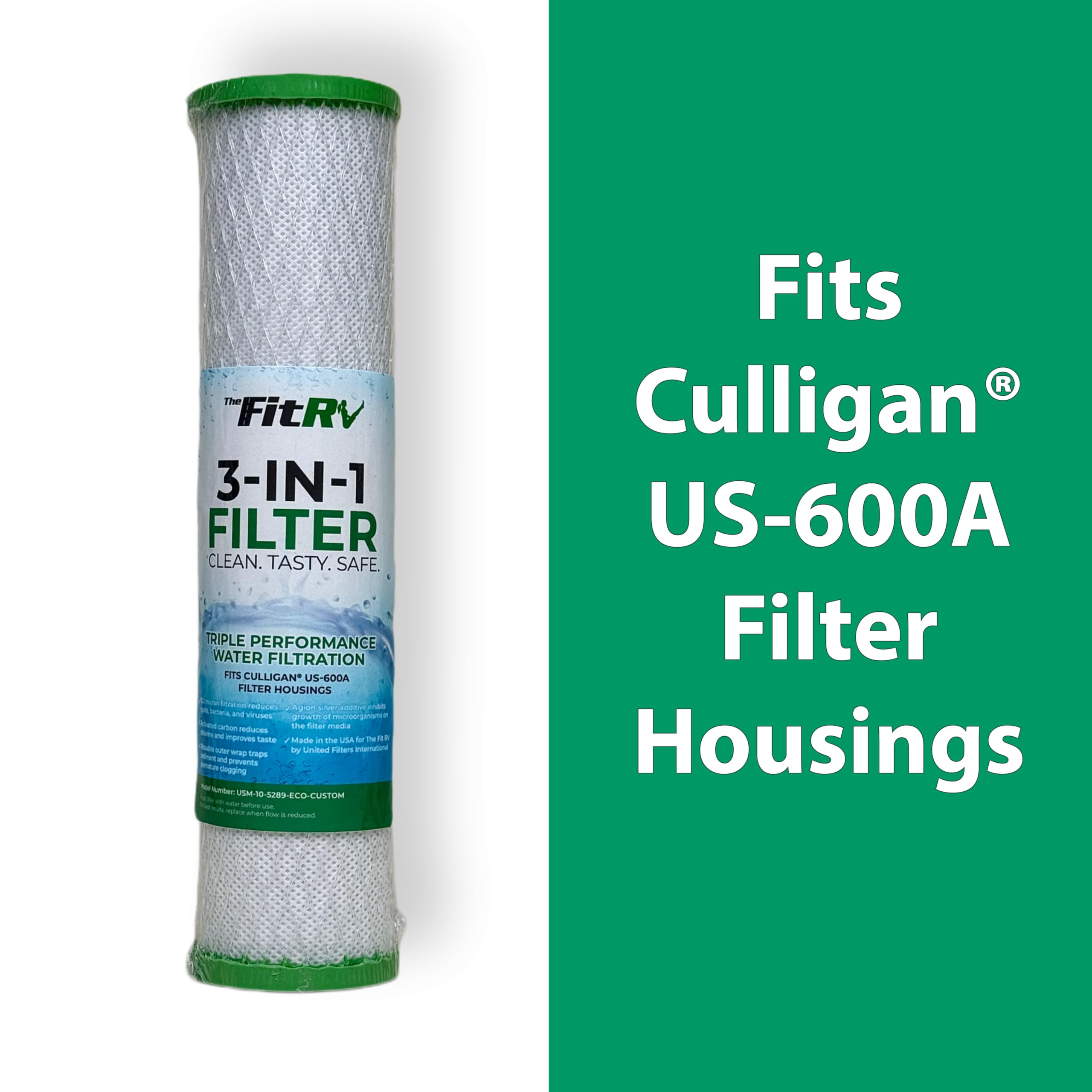 THE FITRV.COM 3-in-1 RV Water Filter Cartridge | 0.2 Micron | Fits Culligan US-600A | White with Colored End Caps | Model USM-10-