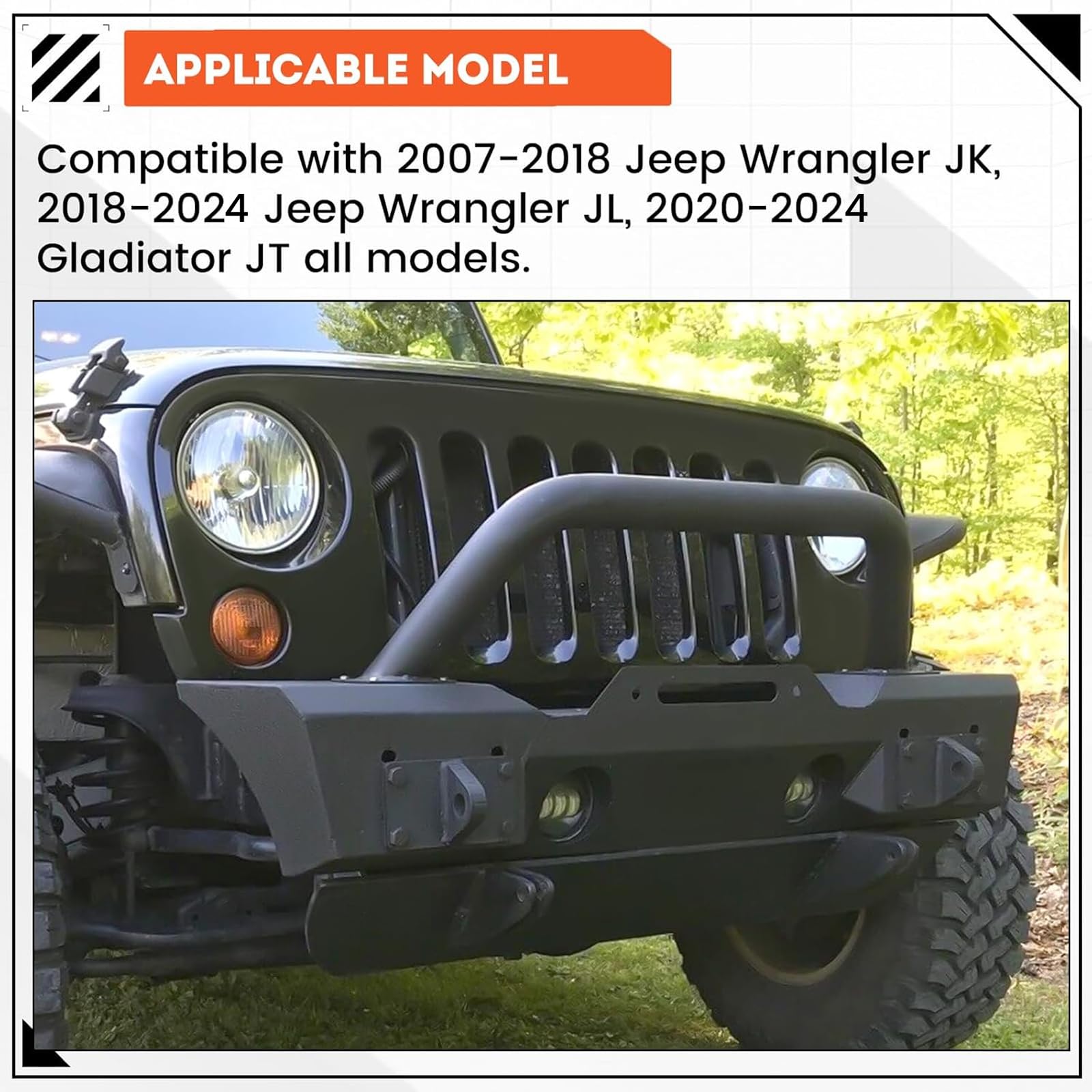 ECOTRIC Stubby Front Bumper for 2007-2024 Jeep Wrangler JK JL Gladiator JT, Alloy Steel, Black, CA-112, with Fog Light Housing & D-Rings