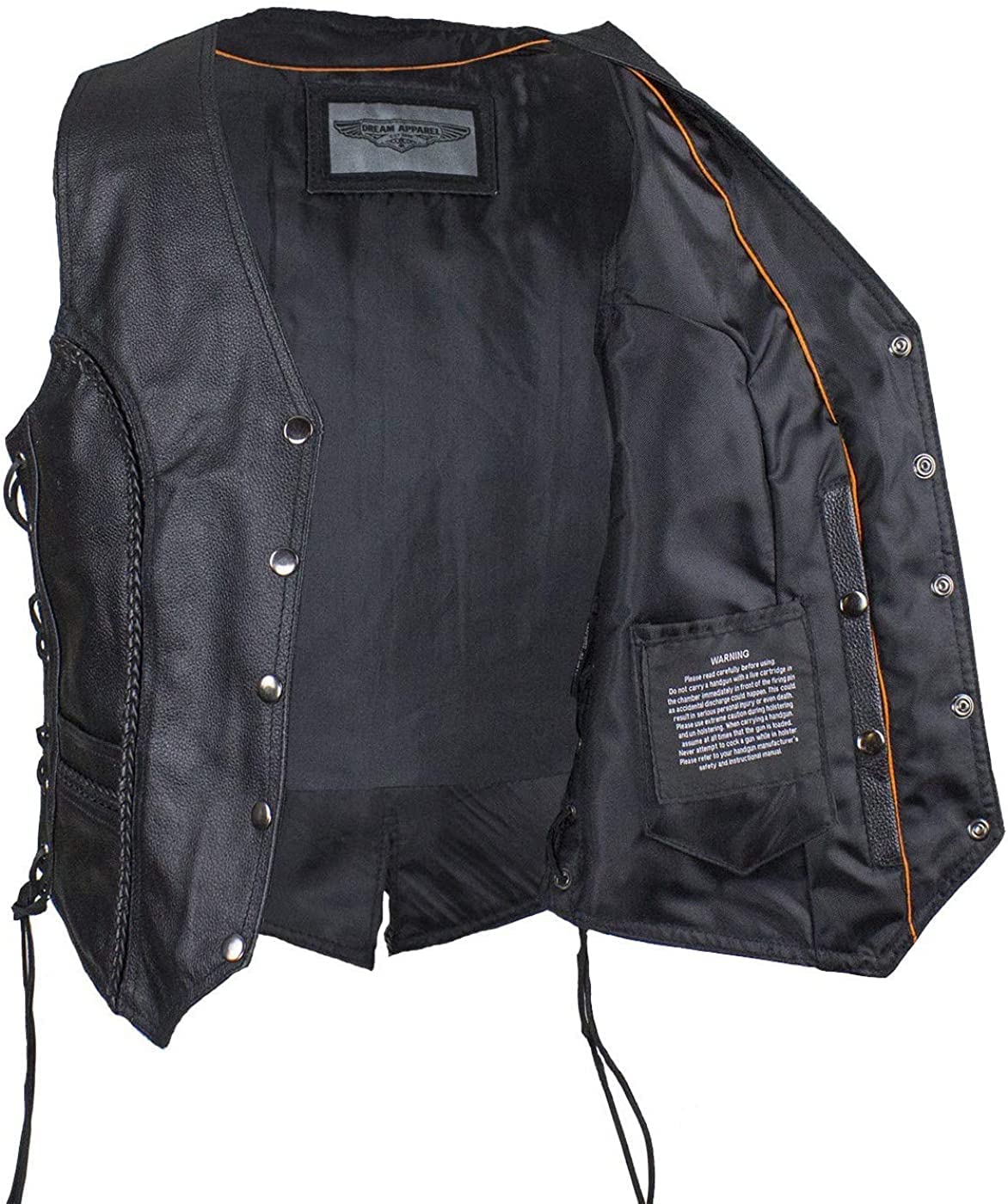 Womens Black Leather Motorcycle Vest With Braid On Front And Back Side Laces (As1, Alpha, M, Regular, Regular)