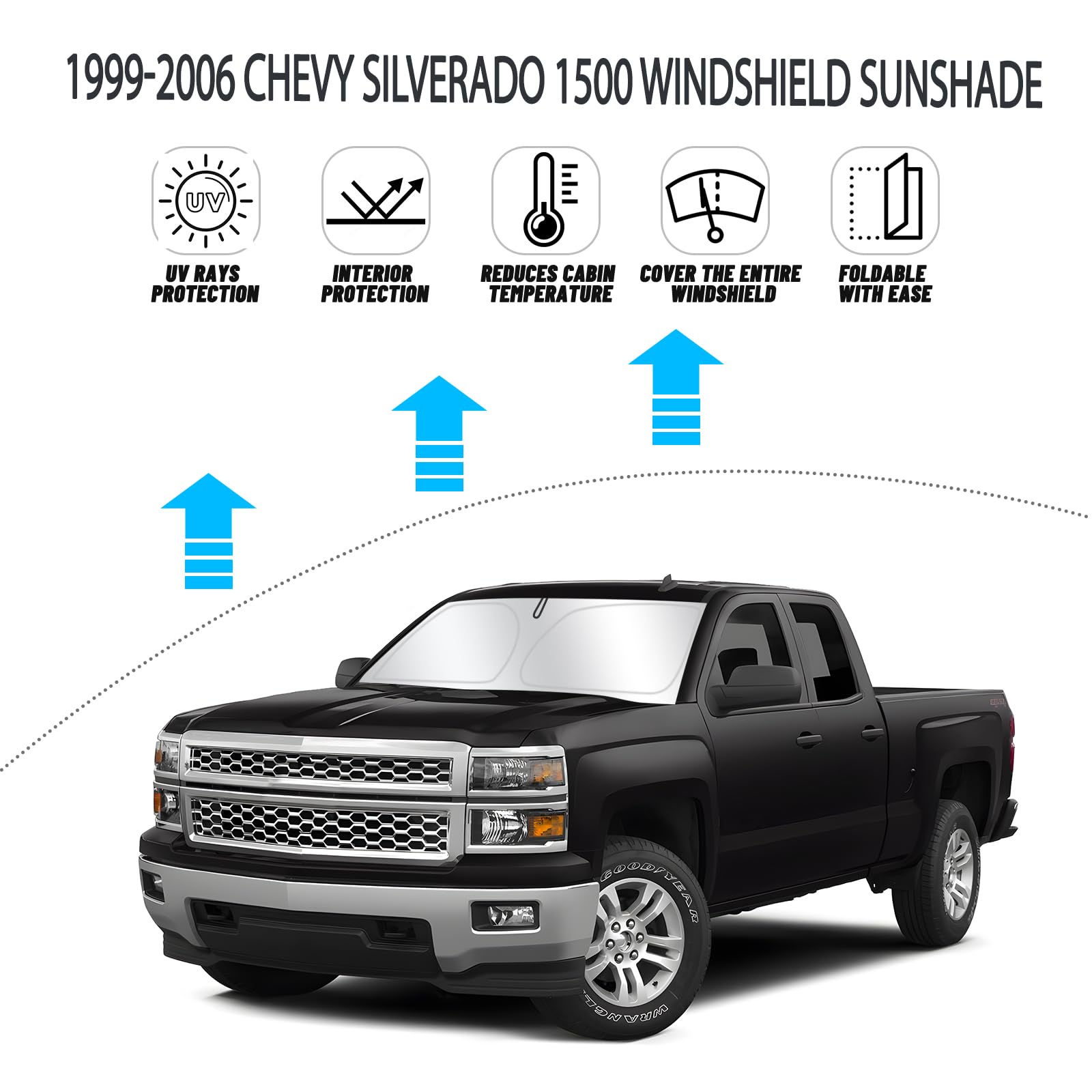 D-Lumina Windshield Sun Shade for 1999-2006 Chevy Silverado 1500, Foldable 2-Layer UV Blocker, Silver & Black
