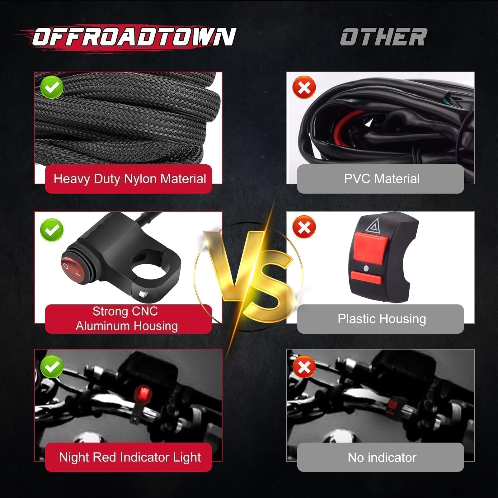 OFFROADTOWN 2 Leads LED Light Bars Wiring Harness Kit w/Motorcycle Handlebar Switch 7/8'' 12V 40A Relay Fuse Nylon Wire Harness
