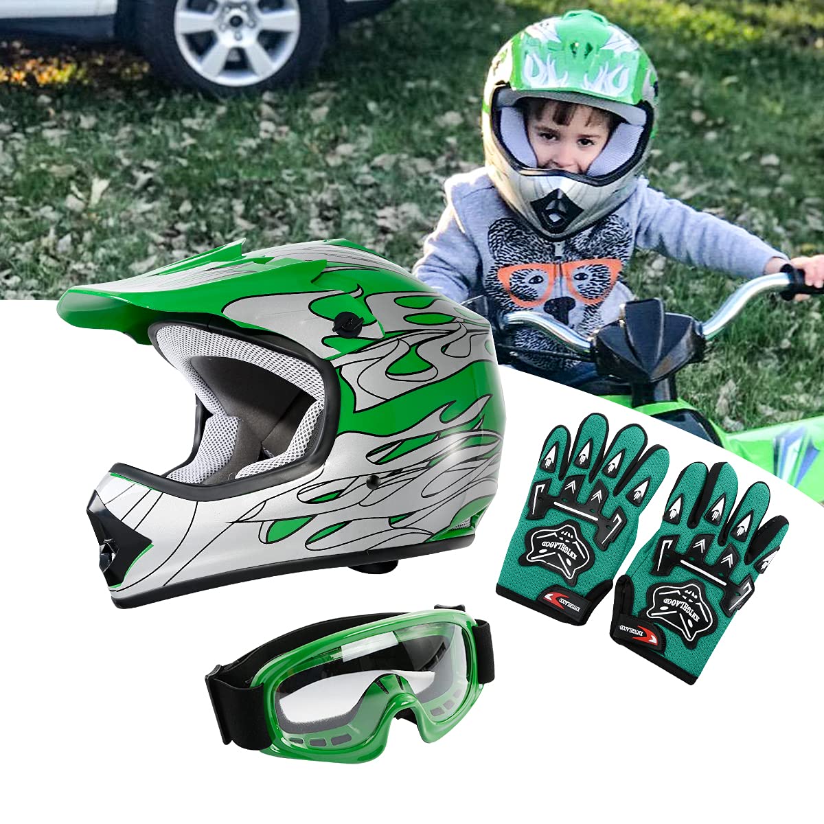 Slmoto Dot Youth Kids Helmet Motocross Offroad Street Helmet Motorcycle Helmet Dirt Bike Motocross Atv Green Flame Design Helmet+Goggles+Gloves Small