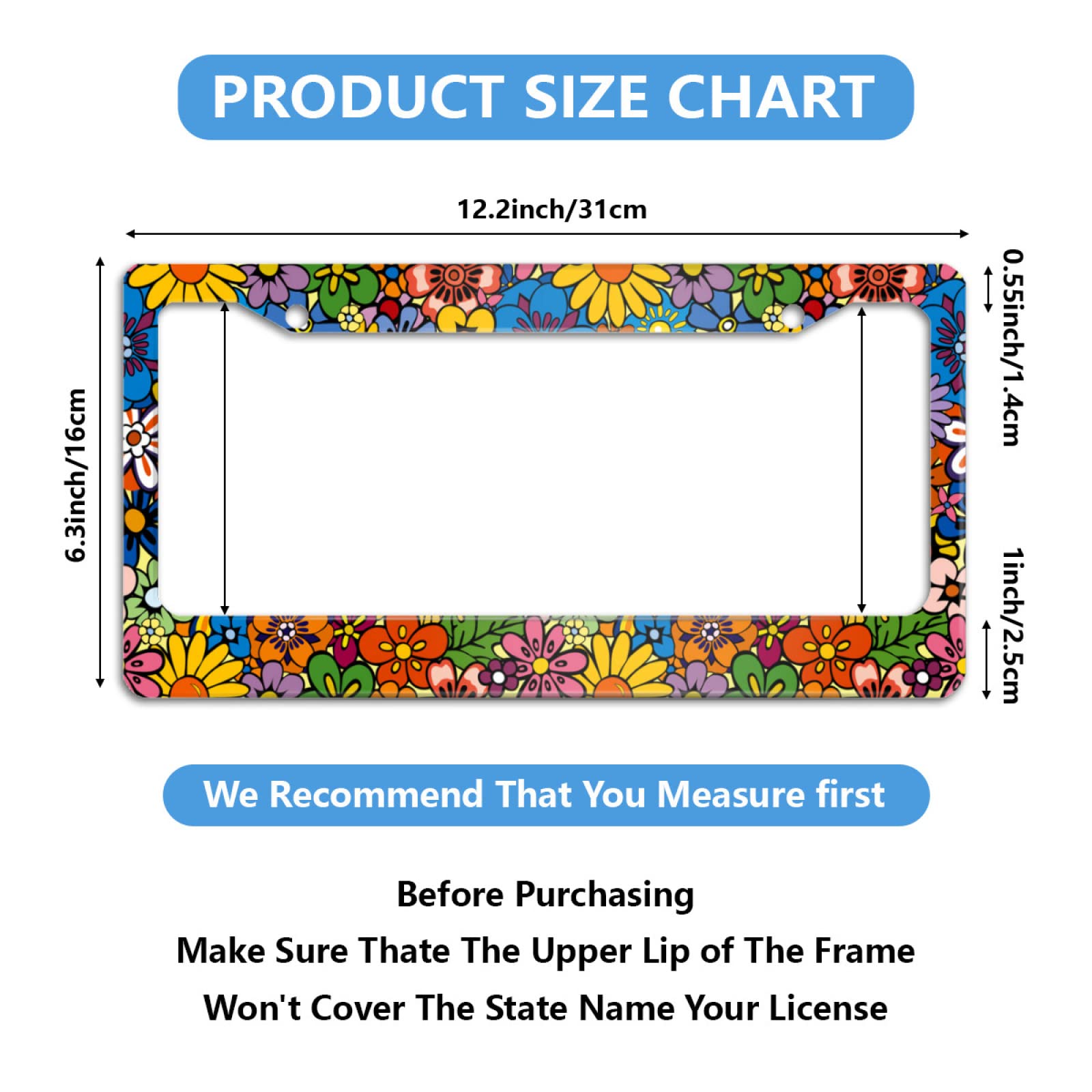 Meikosks Abstract Hippie Flowers License Plate Frame, Cute Floral Metal Aluminum Car Cover Tag Holder Frames,2 Holes with Screw