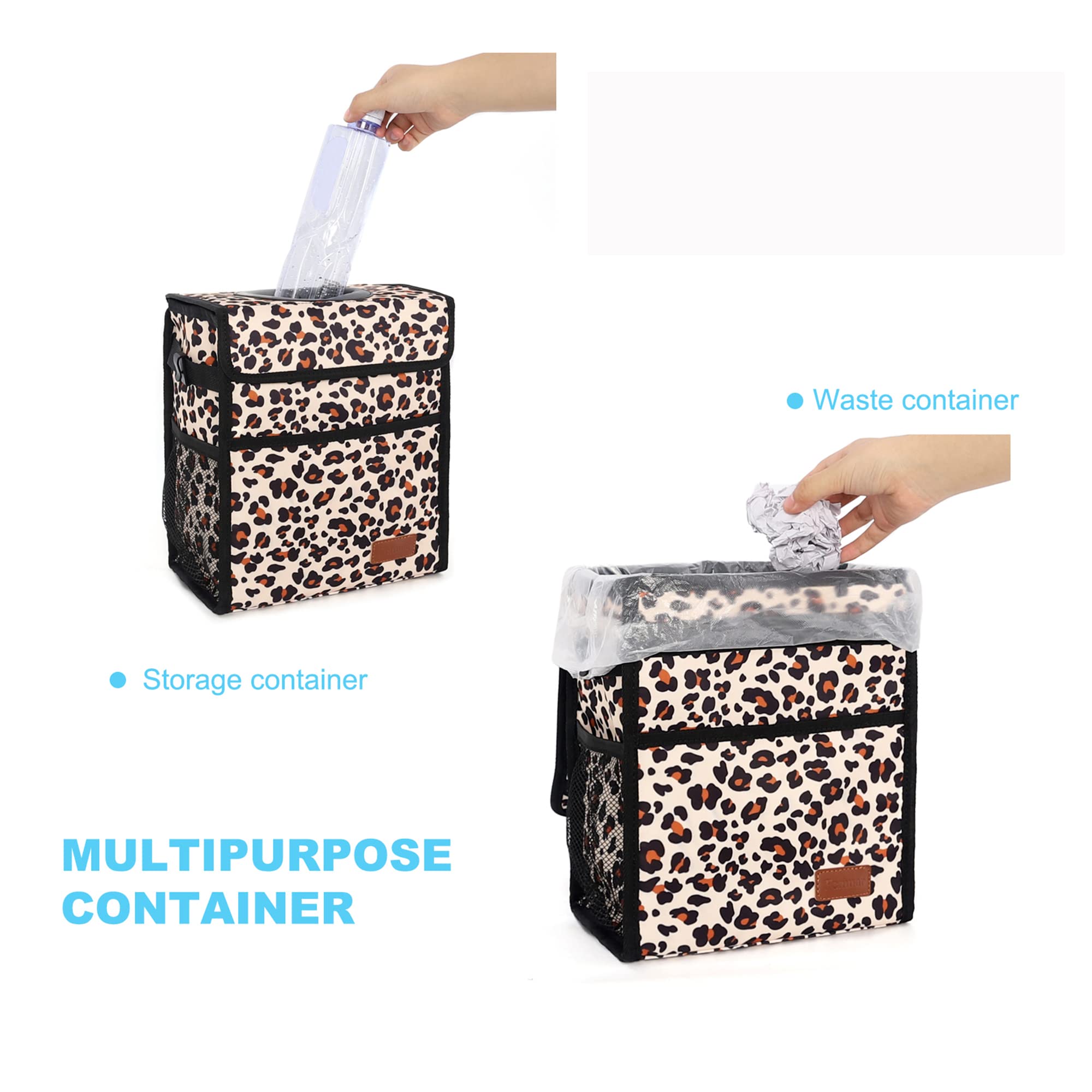 Femuar Car Trash Can - Leak Proof & Waterproof, 3 Gallons, Leopard Print, TL254, Multipurpose Hanging Organizer for SUV Front Seat