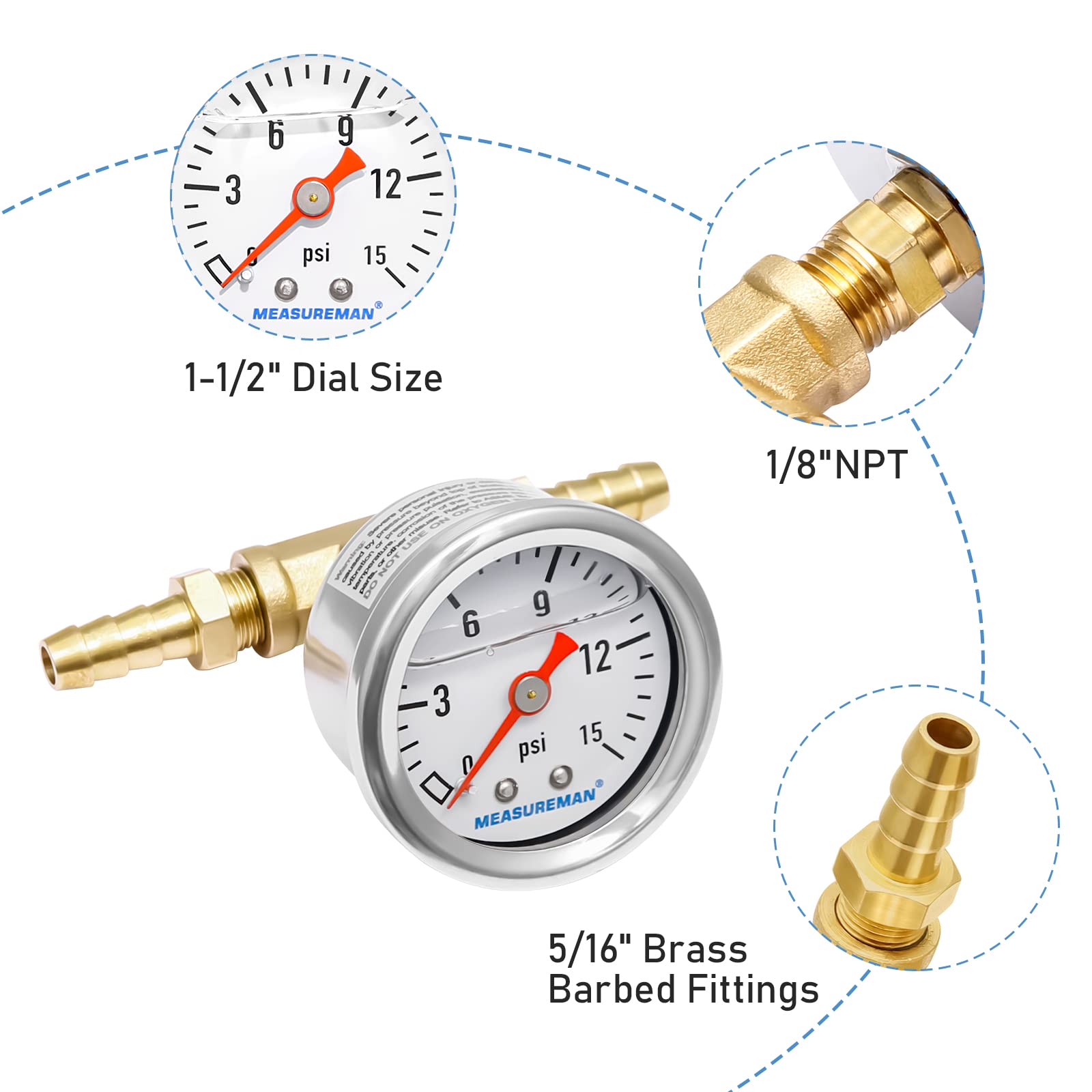 MEASUREMAN Fuel Pressure Gauge Kit, 0-15Psi, Stainless Steel, 1-1/2" Dial, Includes Brass T-Fitting Adapter, Model MA172