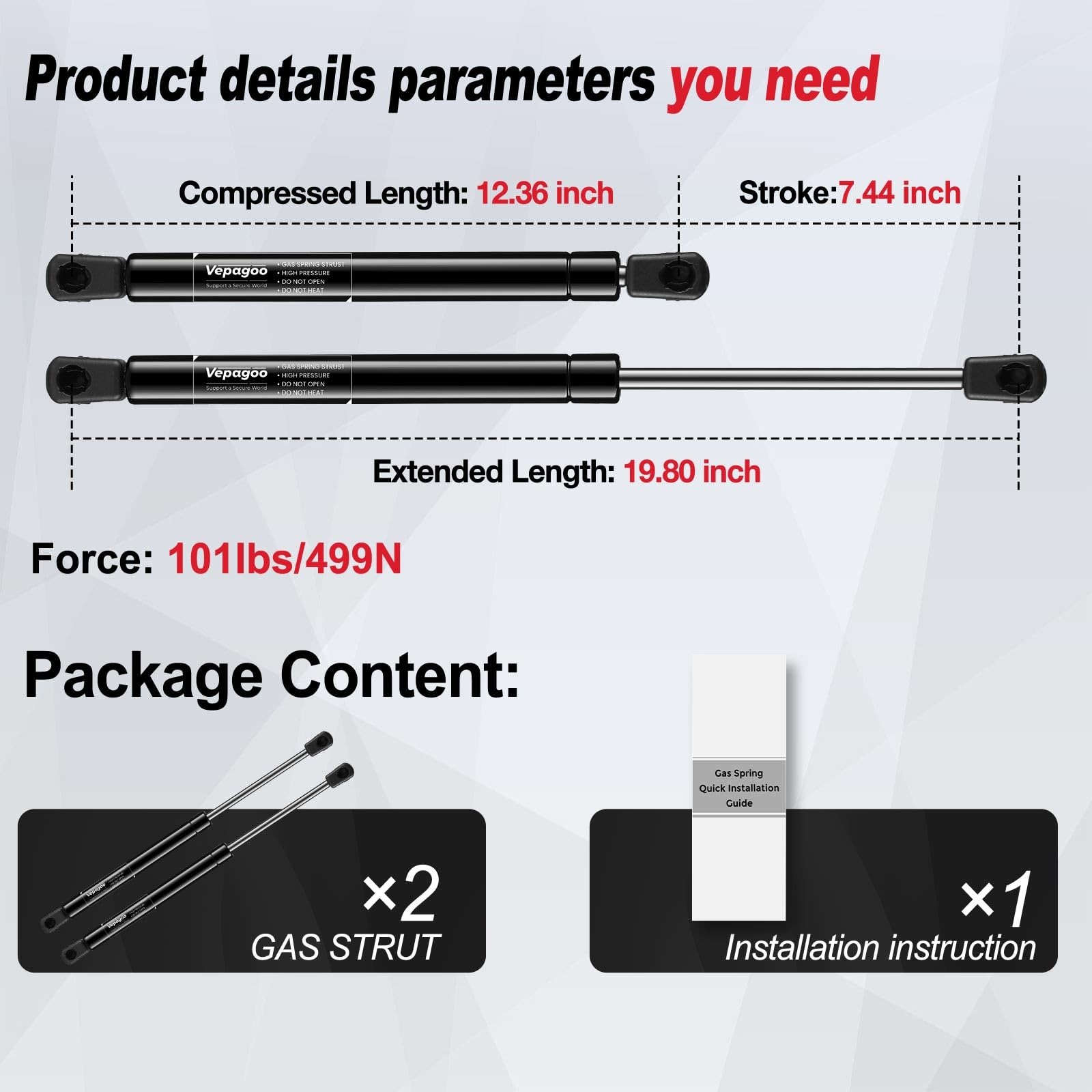 Vepagoo PM1123 Rear Hatch Gas Struts for 2010-2015 Toyota Prius & Plug-in Prius, Black Lift Supports for Tailgate & Trunk