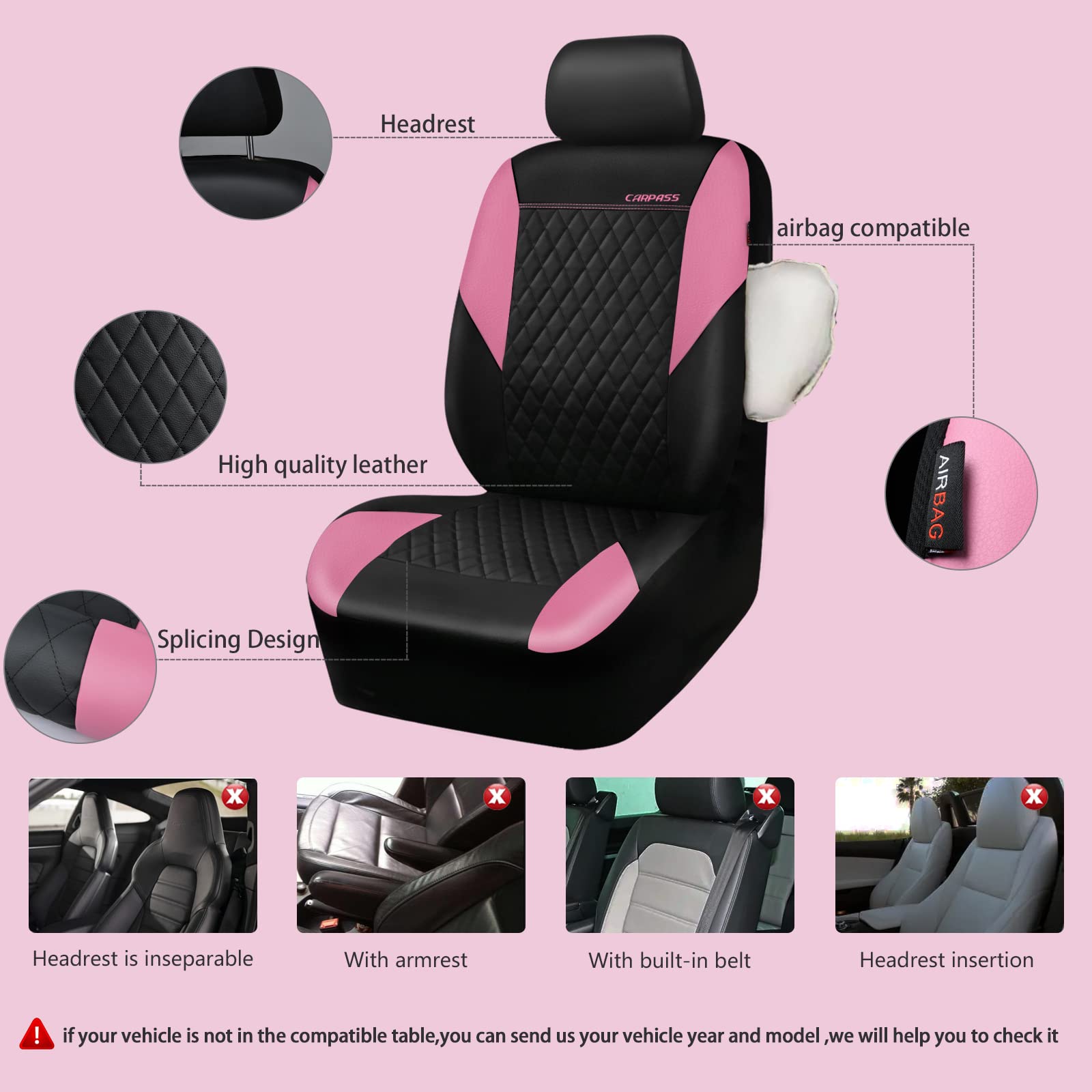 Car Pass Pink Leather Seat Covers,Girly Quilting Pretty Cute Car Seat Cover With 5Mm Composite Sponge Inside,Airbag Compatible,