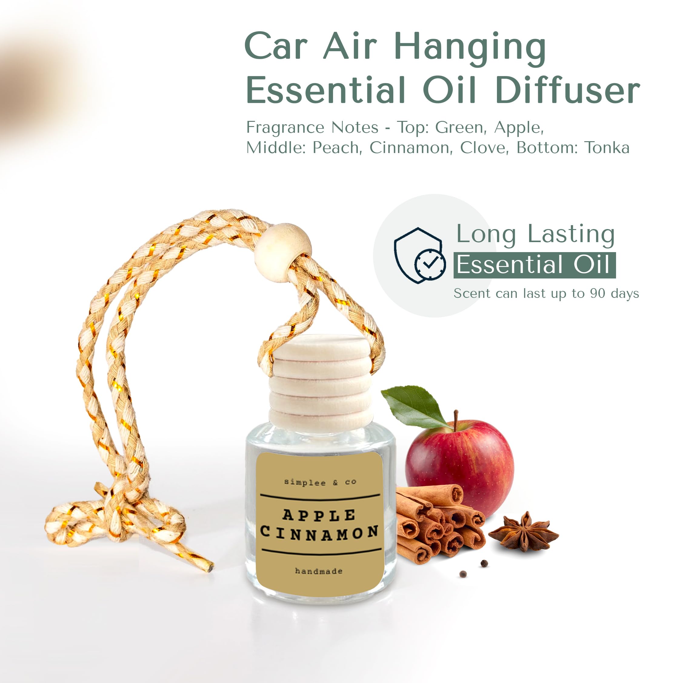 Apple Cinnamon Car Air Hanging Essential Oil Diffuser, Car Air Freshener with Essential Oils, Aromatherapy Vehicle Diffuser, Lon