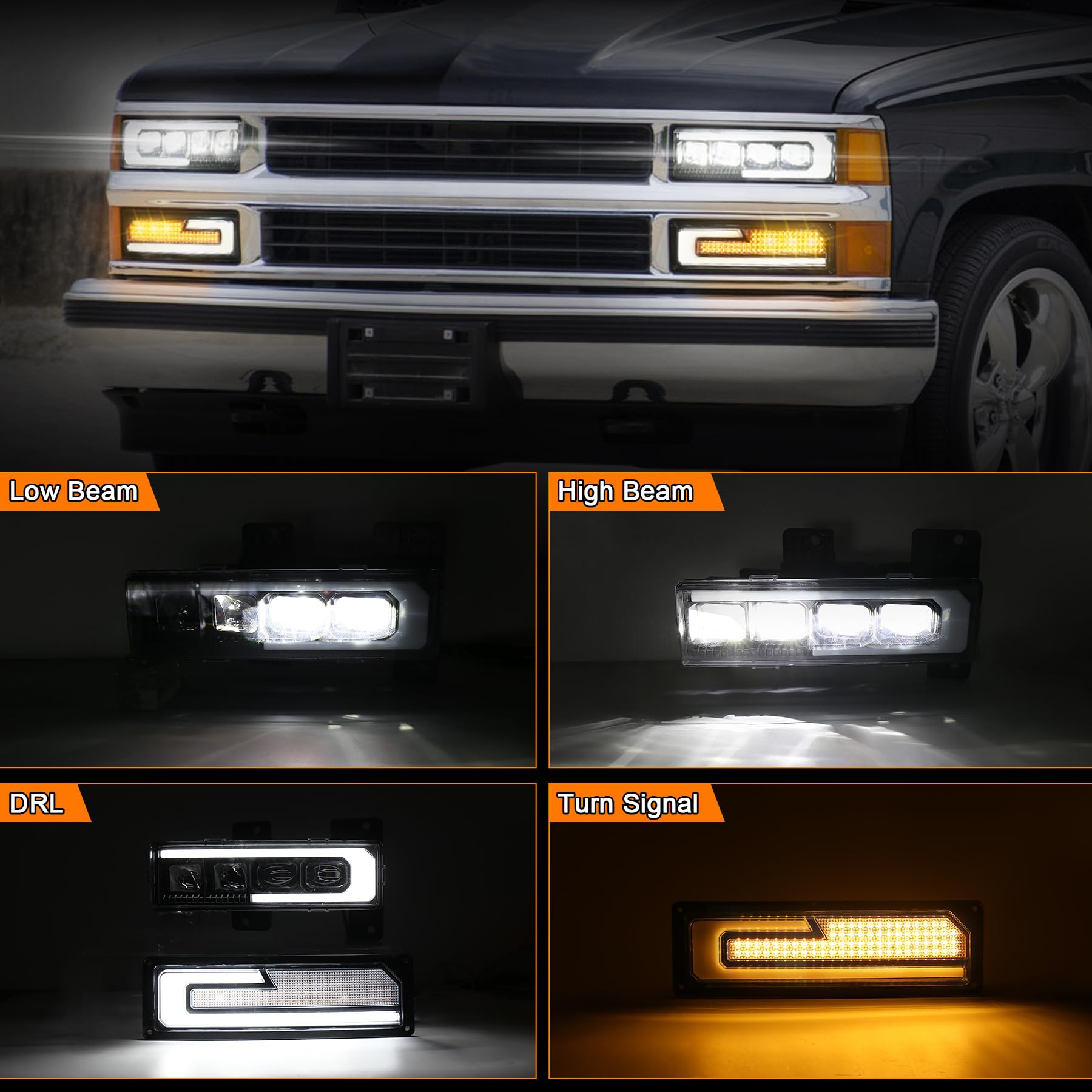 MOVOTOR LED Headlight Assembly - 500% Bright, Anti-glare, DRL Turn Signal - Compatible with 1988-1998 Chevy GMC - White, Model LWPHT01