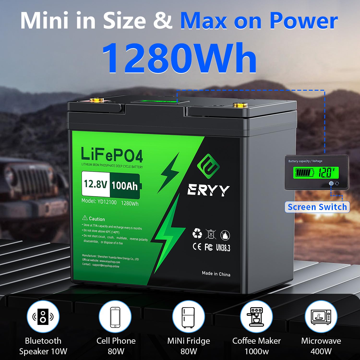 Eryy 12V 100Ah Lifepo4 Battery, High Density 100Ah Lithium Battery 12V With 100A Bms, Voltmeter, 5000+ Rechargeable Deep Cycle M