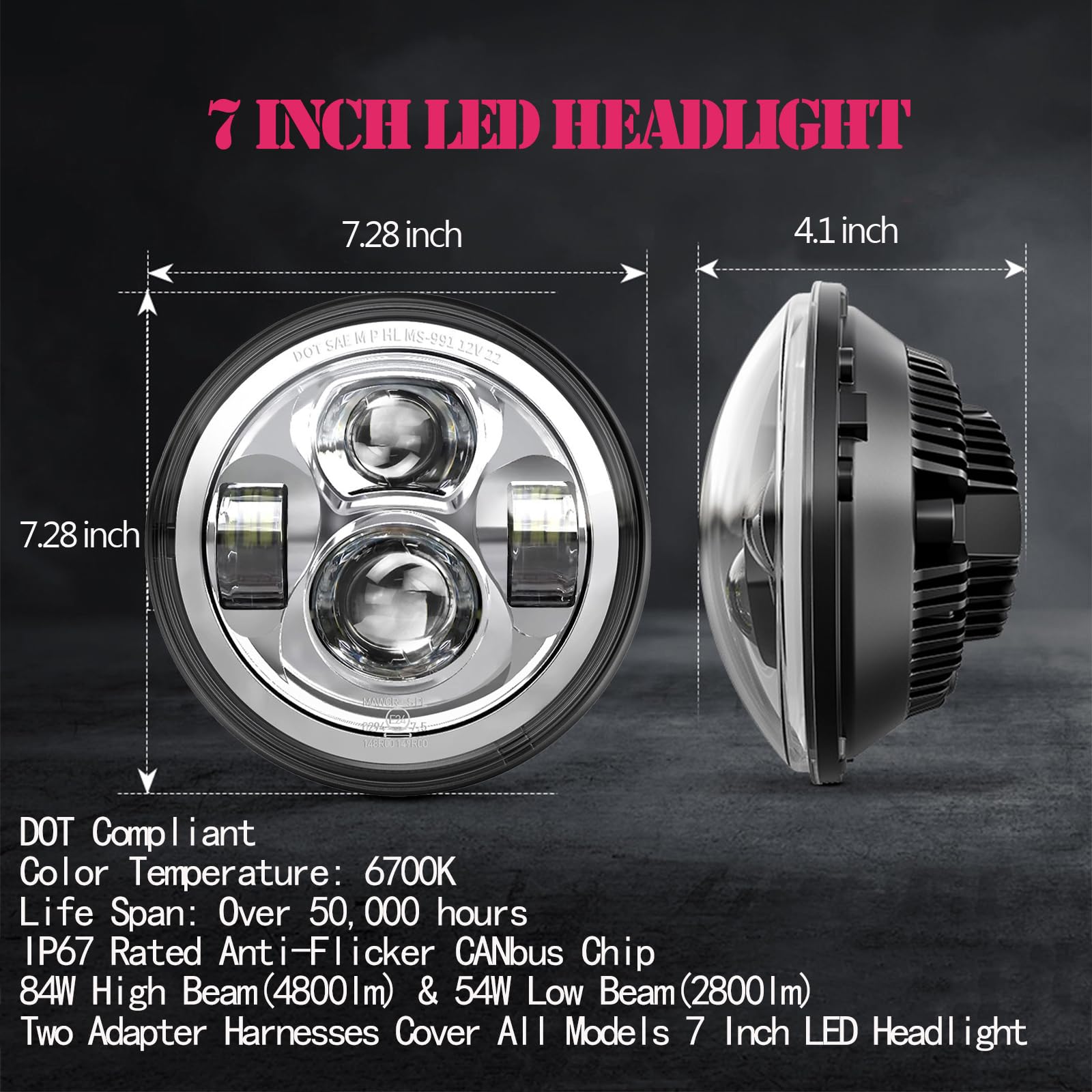 AVOUZ 7 inch Motorcycle LED Headlight DOT Lamp Kit with Mounting Bracket for Harley Davidson Street Glide Heritage Softail Road