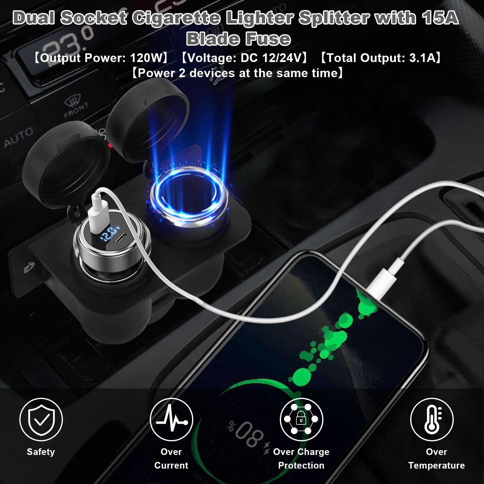 1Pcs Cigarette Lighter Socket With Blade Fuse, 2-Socket Cigarette Lighter Splitter 12V Lighter Power Outlet Replacement Waterpro