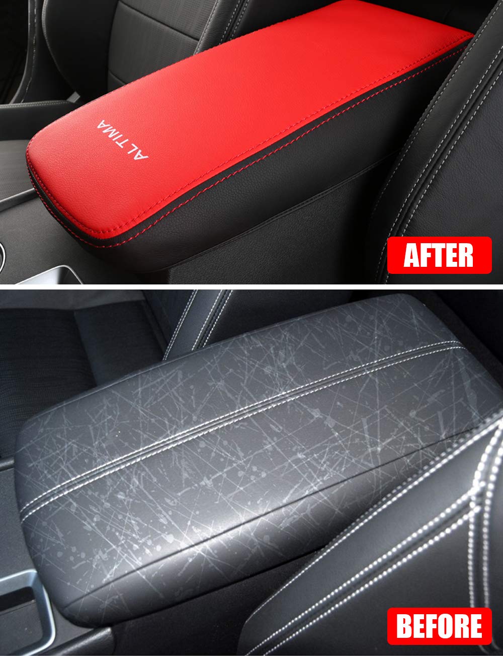 XITER Car Armrest Cover - Leather Pad for Nissan Altima 2019-2025, Black+Red Console Protector