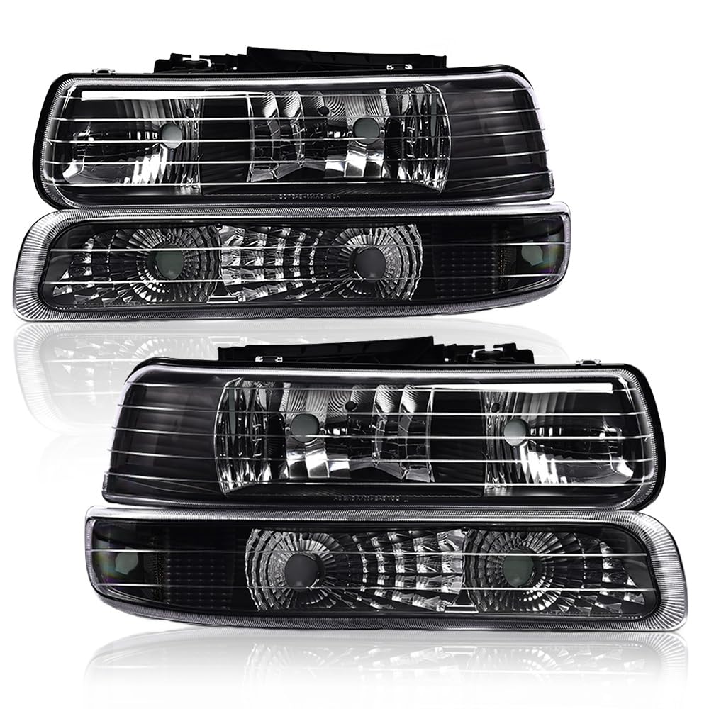 GRAND ORANGE Front Headlight Assembly+ Bumper Lights Lamps Compatible with Chevy Silverado 1999-2002/Tahoe Suburban 2000-2006 Ch