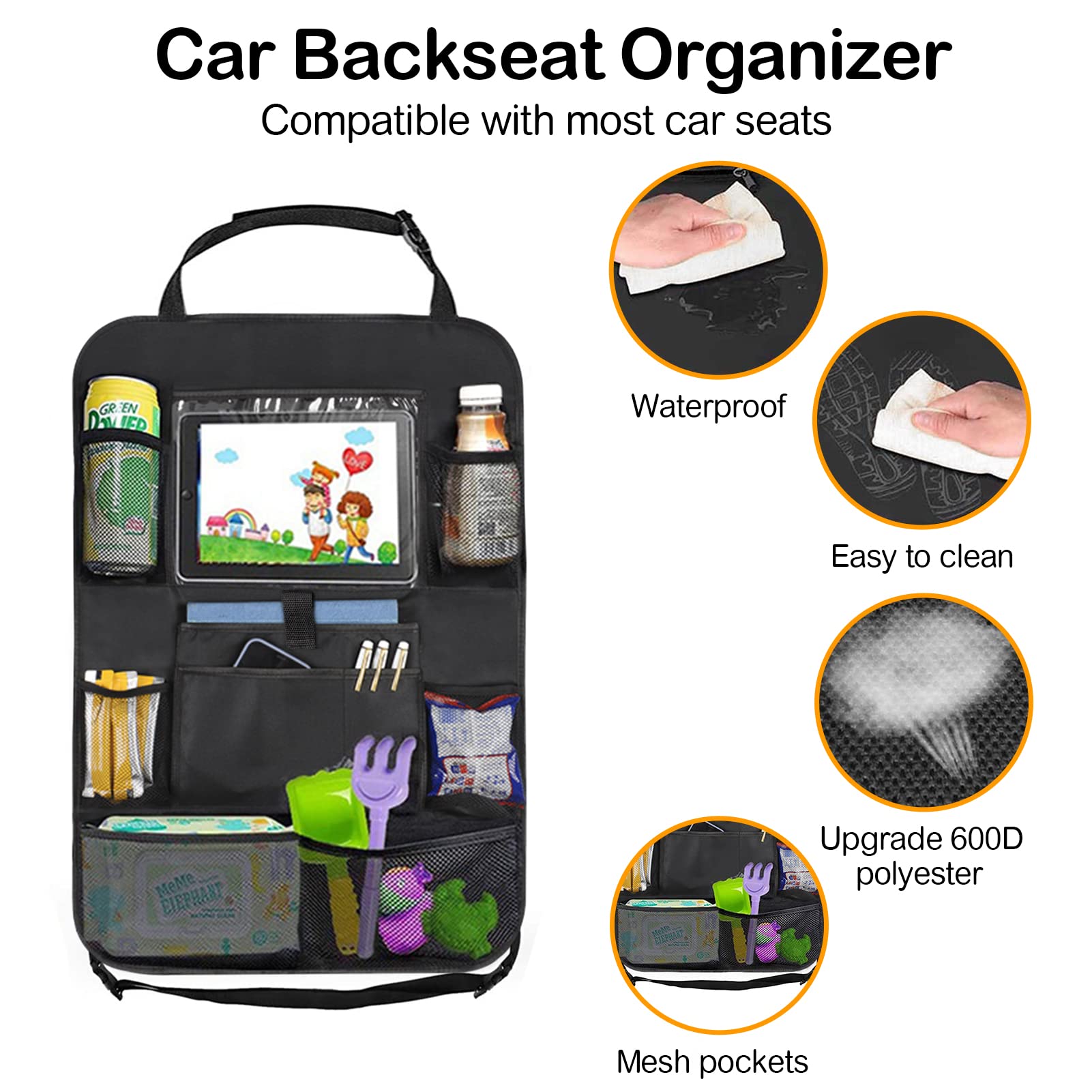 JUCAINHI Car Storage Organizer 2 PCS,Car Backseat Organizer for Kids Durable Waterproof Oxford Fabric with Touchable Tablet Hold