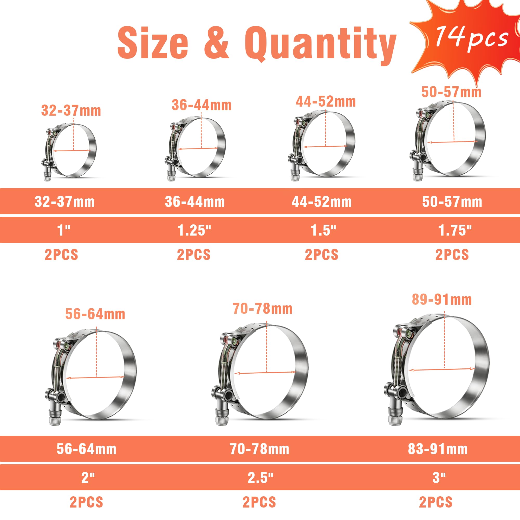 Wysiwyka 14 Pcs 7 Sizes T-Bolt Hose Clamps, 304 Stainless Steel Turbo Intake Intercooler Clamp,Working Range 32-91Mm For 1-3'' H