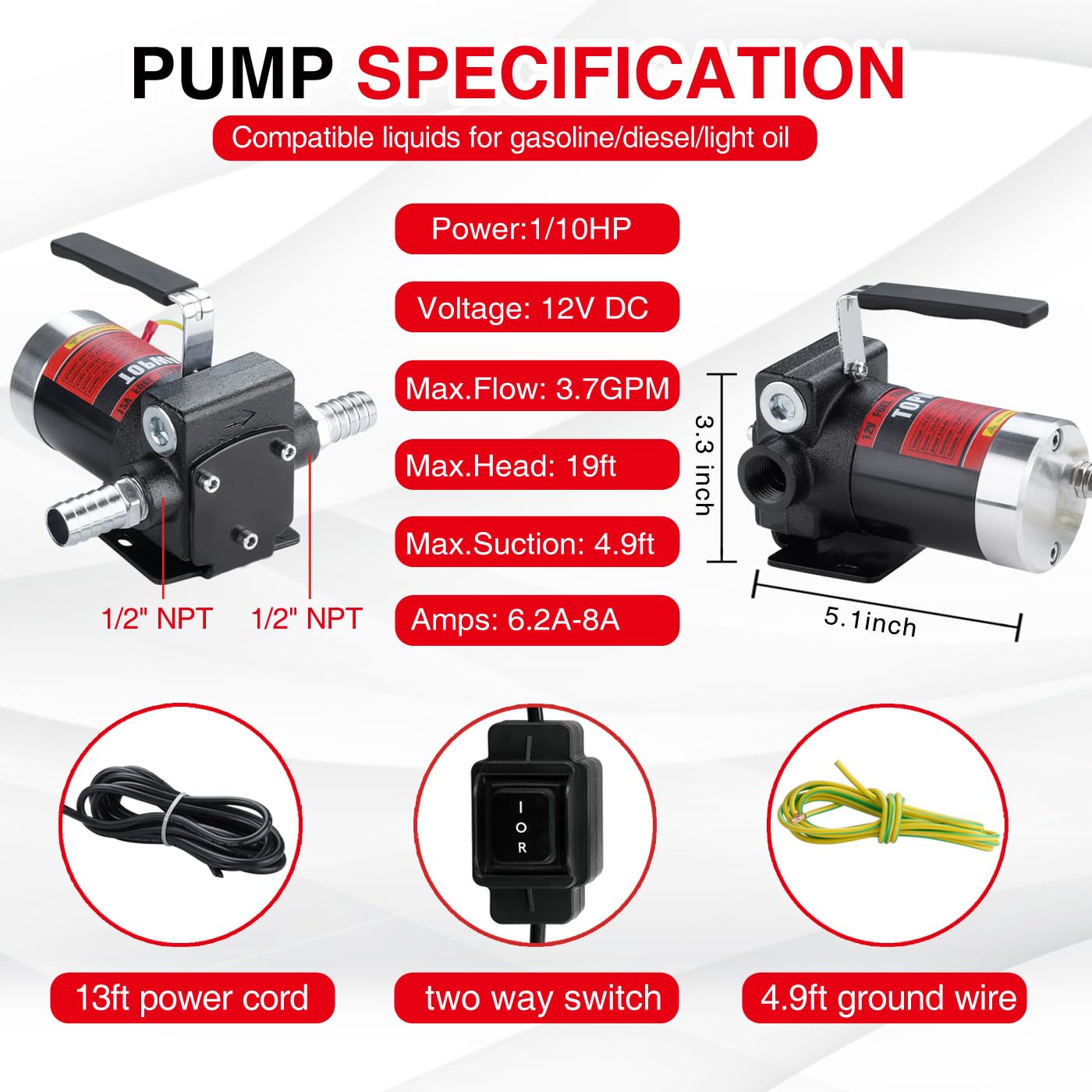 Topway 12V Dc Gasoline Fuel Pump Kit, Self-Priming Oil Transfer Pump With Handle, Reversible Pumping, Overheat Protection, Explo