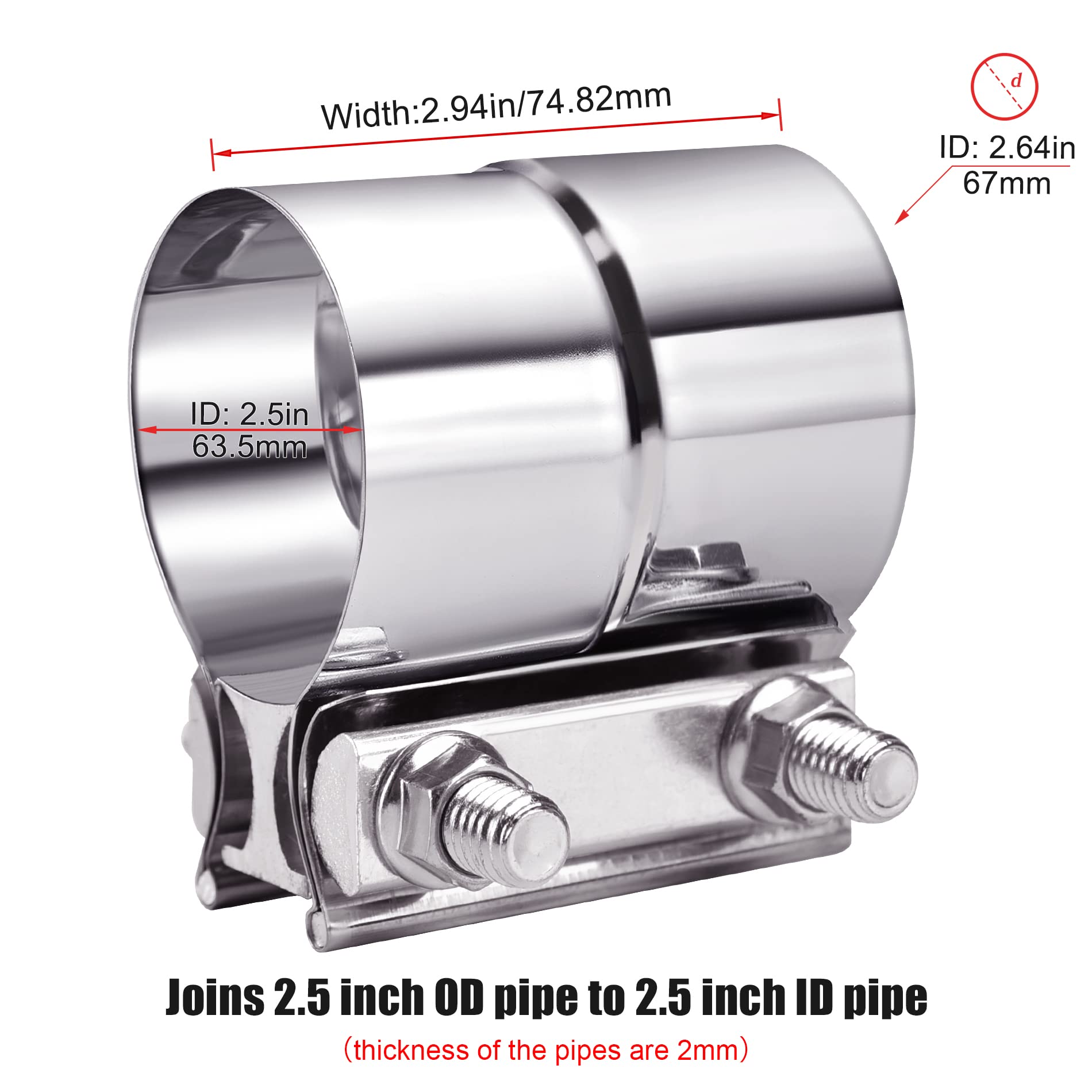 Evil Energy 2.5 ' ' Exhaust Clamp,Lap Joint Band Clamp Stainless Steel For Pipes,Mufflers,Catalytic Converters (1, 2.5 Inch)