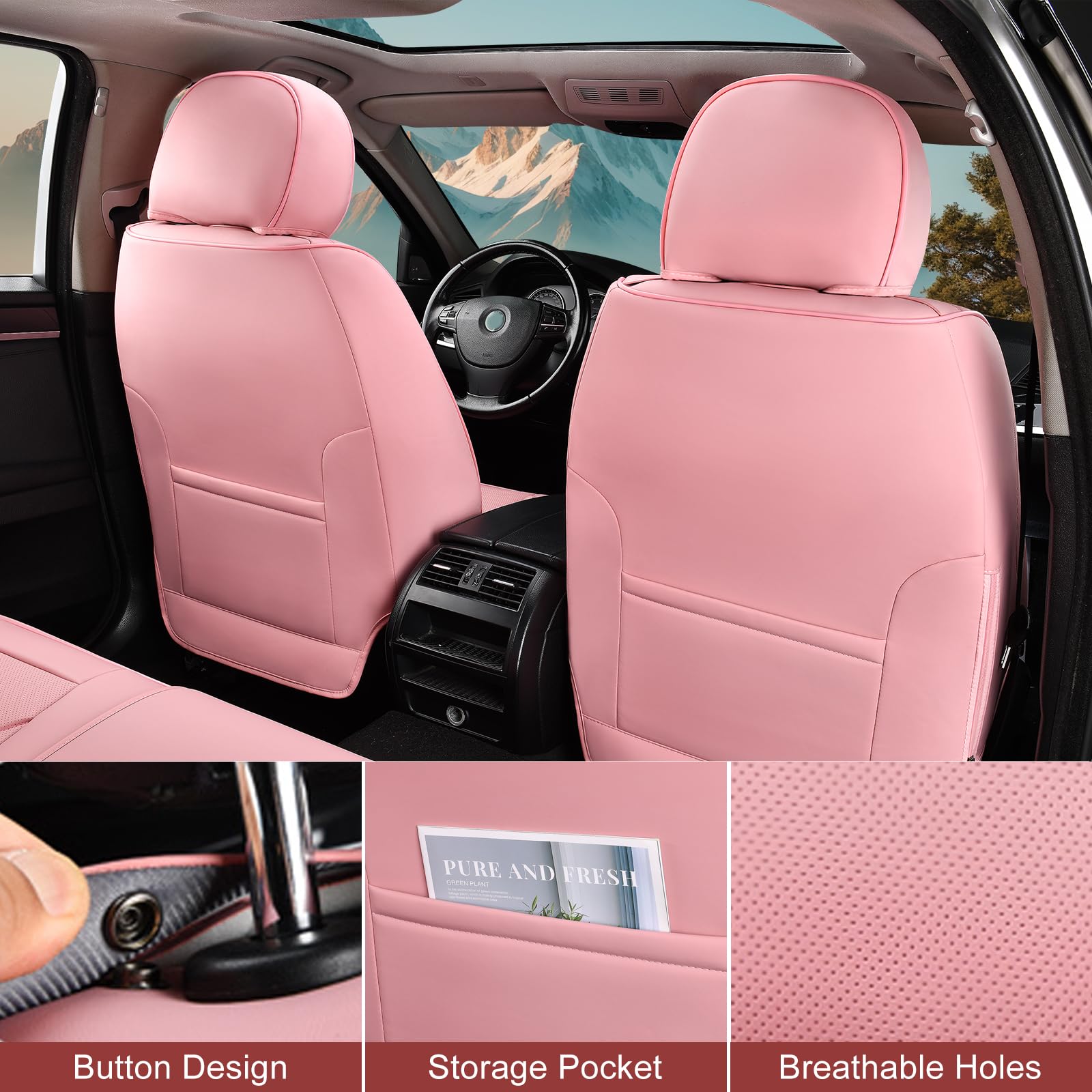 Tiehesyt Pink Car Seat Covers Full Set, Breathable Leather Automotive Front And Rear Seat Covers With Headrest, Waterproof Auto