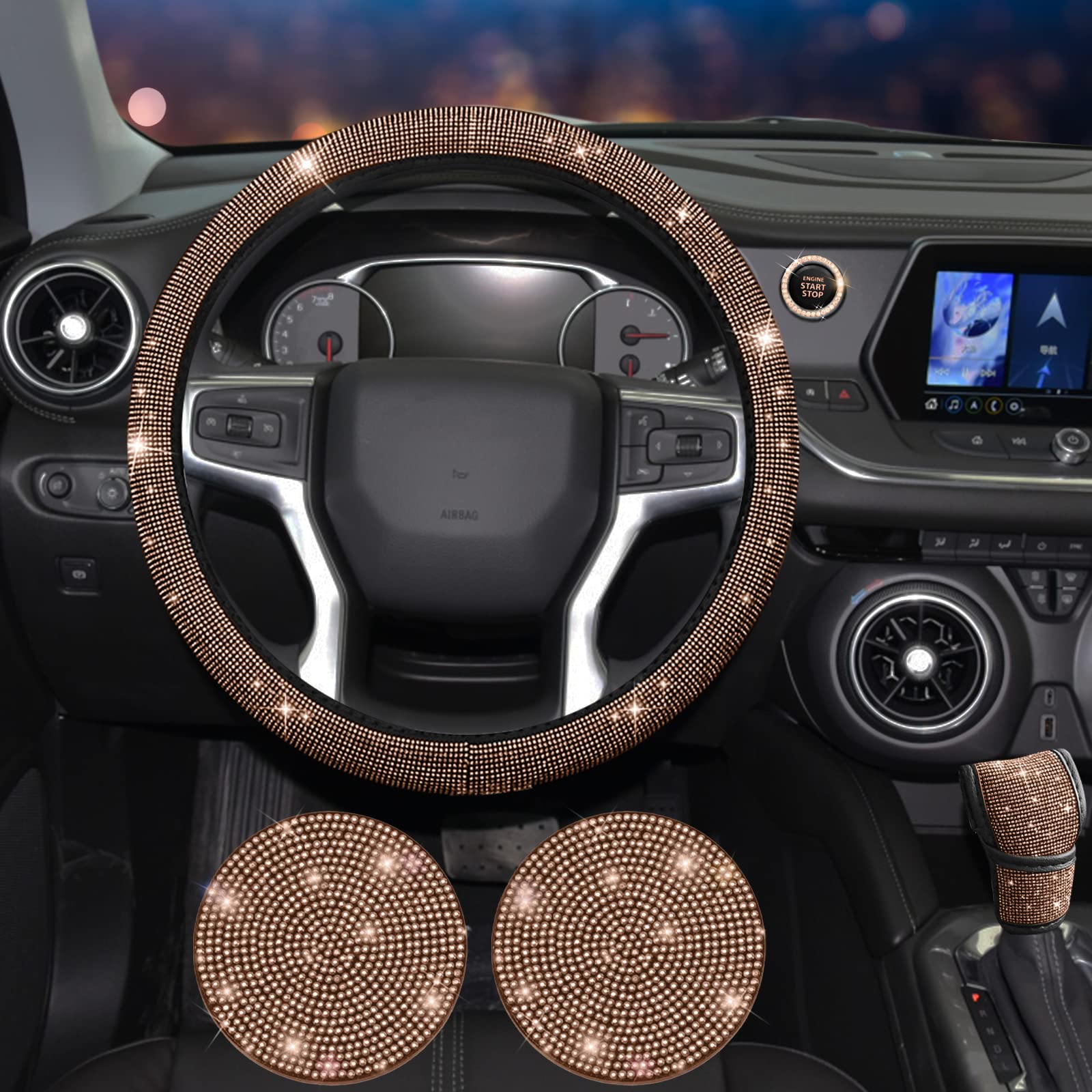 JINGSEN Bling Car Accessories Set for Women, 11 Pcs Rhinestone Steering Wheel Cover & Center Console, Universal Fit, Champagne