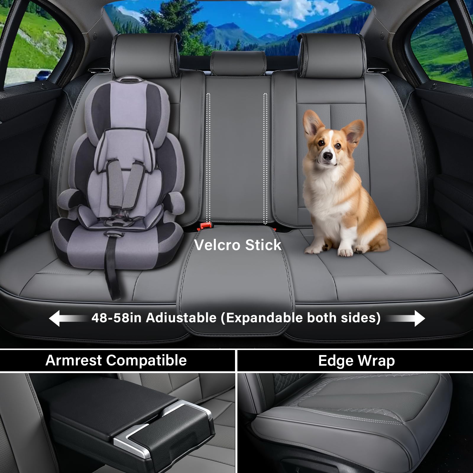 Coverado Car Seat Cover Full Set, Nappa Leather, Waterproof, Gray, Model SCU005, Universal Fit for Most Cars